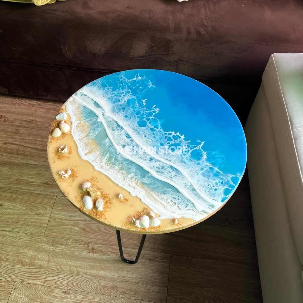 Epoxy Resin Coffee Table - 30 Inch Blue Ocean Themed End Table with Metal Legs for Beach House, Living Room, or Bedroom Nightstand - Perfect for Coastal Decor & Home Styling