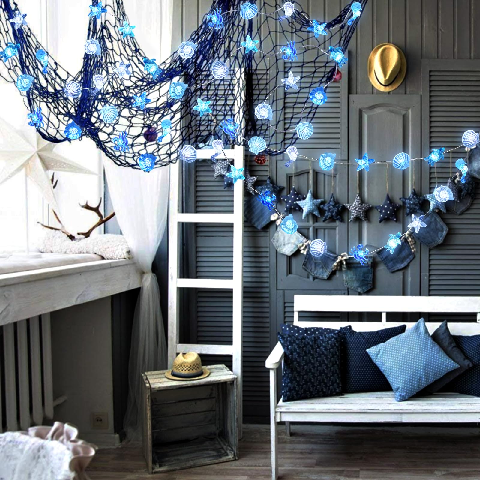 Seahorse Starfish Fairy String Lights - 20FT 60LED USB Battery Powered for Bedroom Christmas Decor