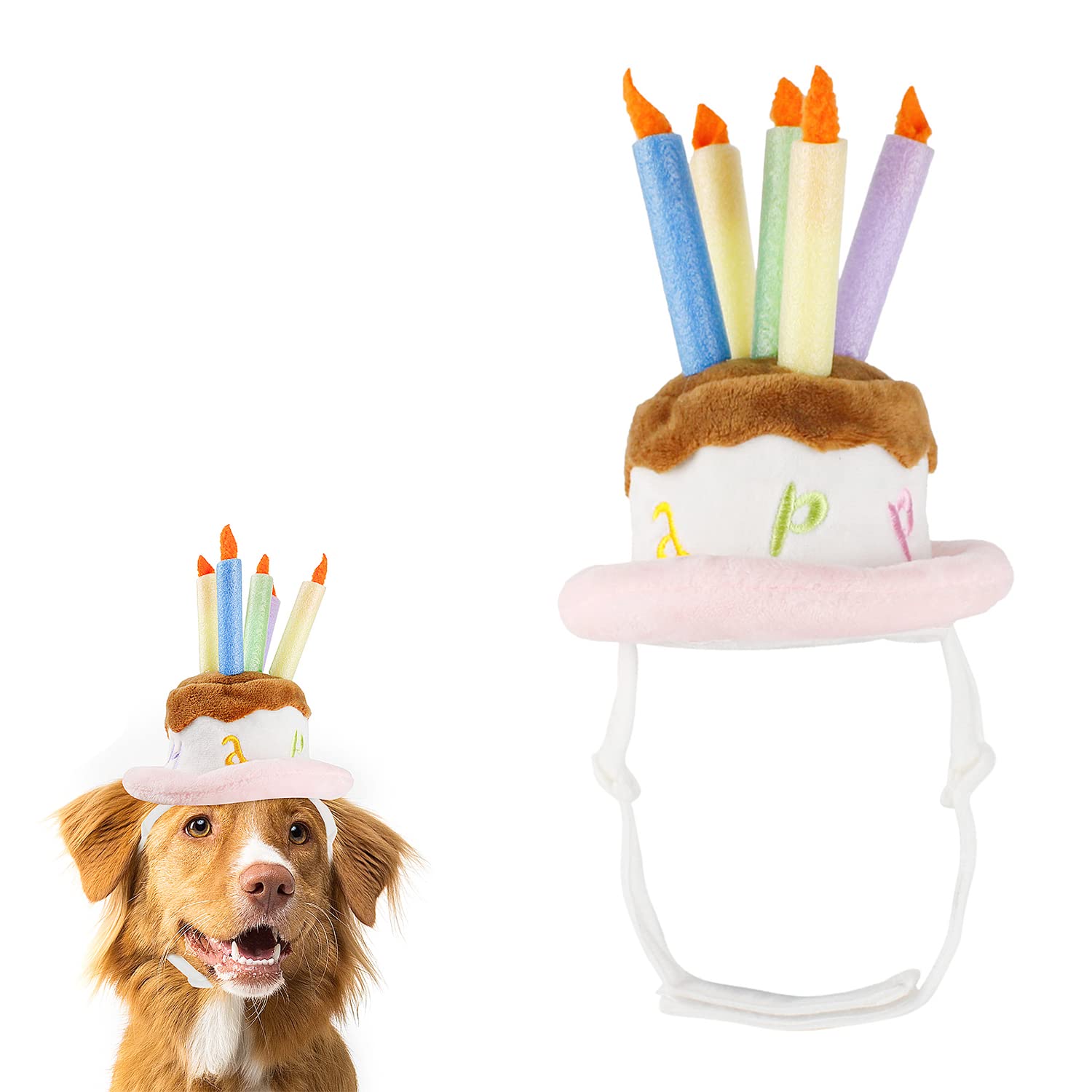 Pet Dog Birthday Pink Cake Hat with Colorful Candles - Happy Birthday Party Hat for Dogs & Cats - Medium Size Costume Accessory for Pet Birthday Celebrations & Party Decorations