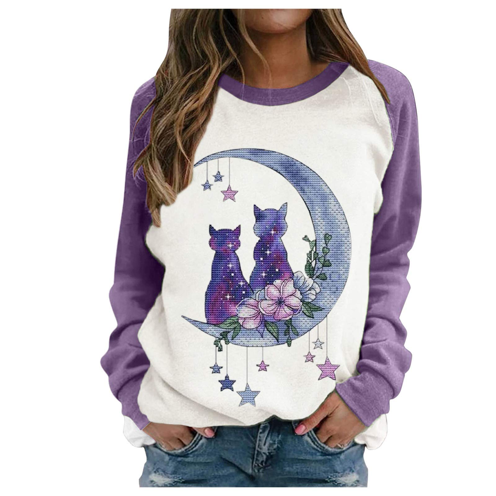 Women's Colorful Winter Sweaters with Cat, Flower, Moon & Elephant Print - Long Sleeve Contrast Stitch Knit Top for Casual Wear, Holiday Outfits & Cozy Winter Fashion