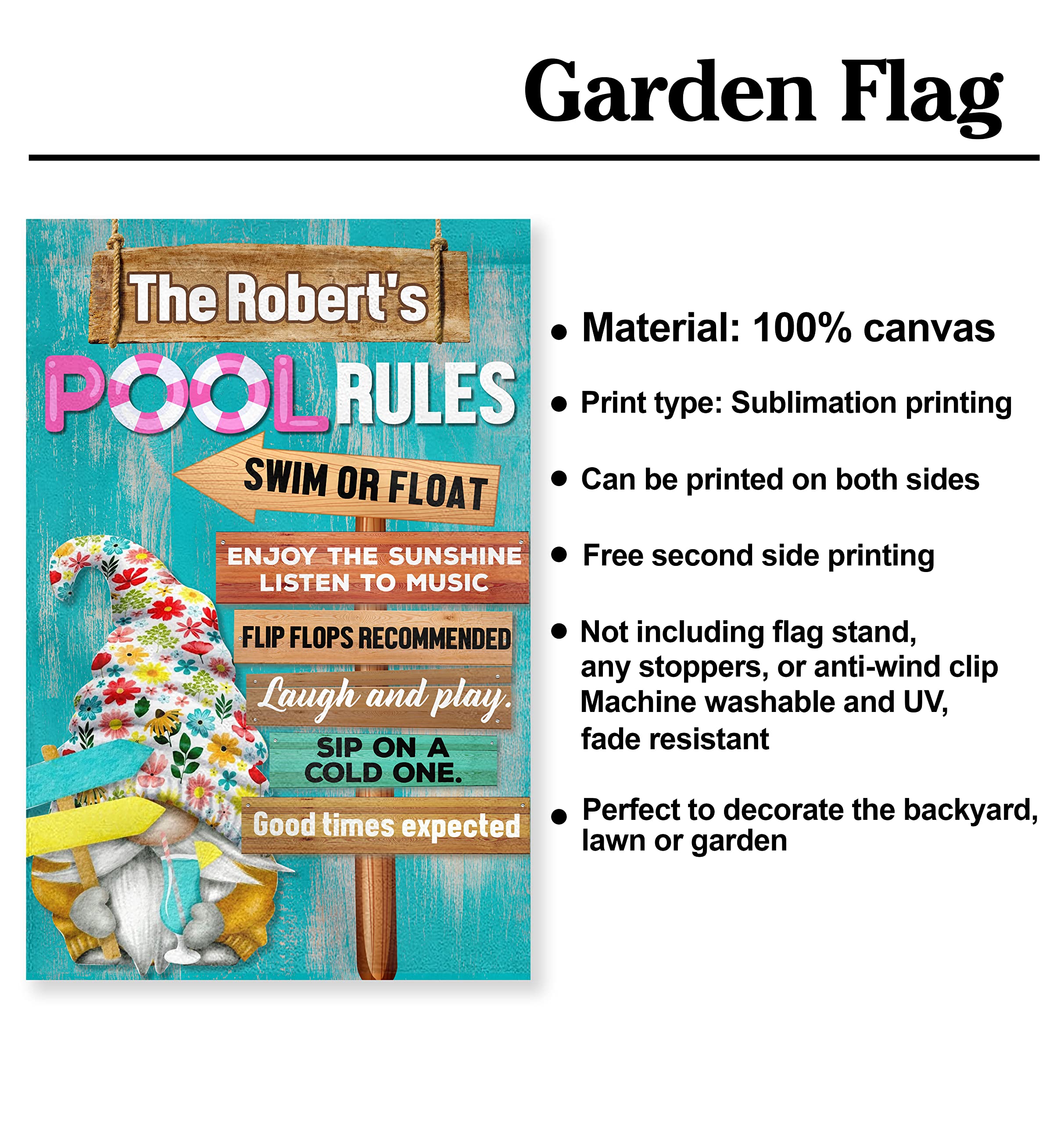 Personalized Summer Pool Rules Garden Flag - Double Sided 12x18 Inch Swimming Pool Banner with Beachy Design, Perfect for Beach House Decor, Backyard Parties & Outdoor Poolside Decoration | Durable Vertical Yard Flag with Fun Pool Gnome Signs