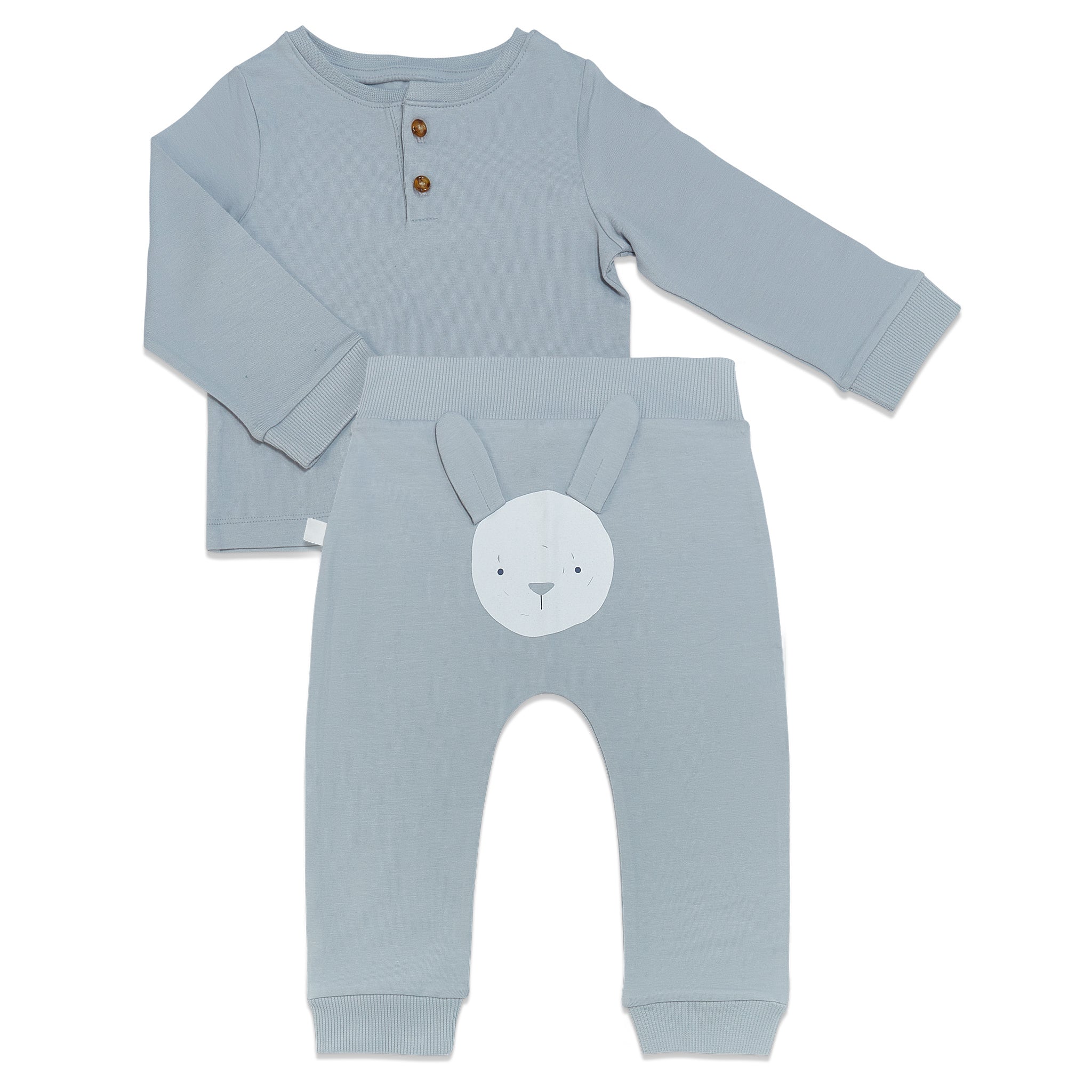 Organic Long Sleeve Bunny Pant Set for Baby - Soft Pearl Blue Cotton Outfit | Perfect for Newborn Photoshoots, Christenings & Cozy Winter Wear