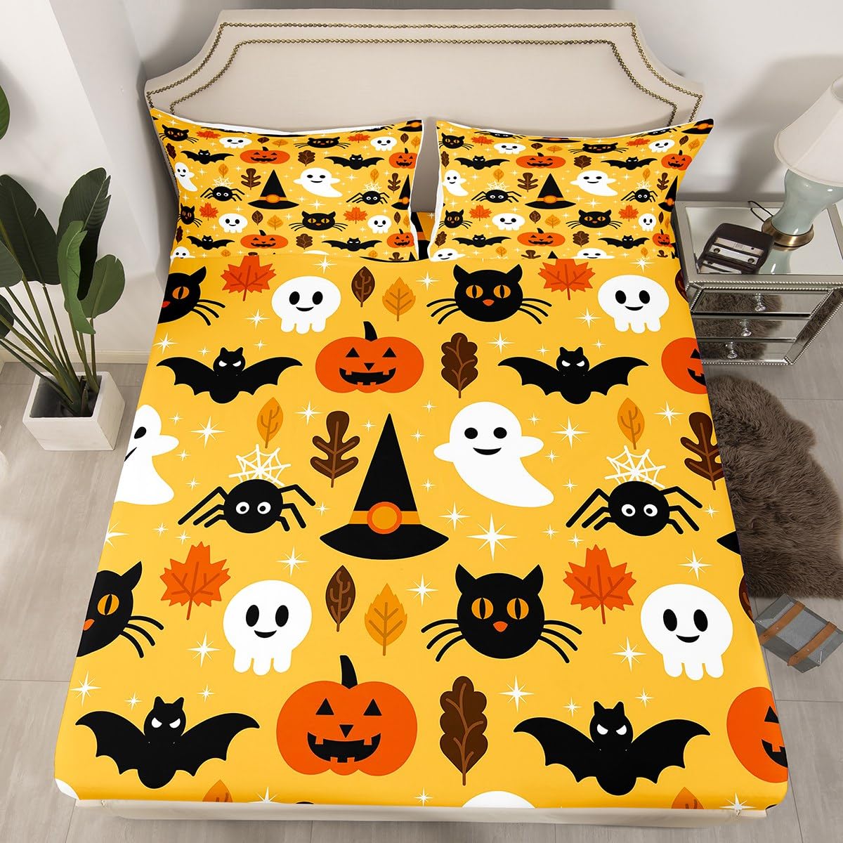 Erosebridal Halloween Bed Sheet Set - Full Size Cartoon Pumpkin & Lantern Print 4-Piece Bedding Set (Fitted Sheet, Flat Sheet, 2 Pillowcases) - Spooky Ghost Design for Kids Boys Girls - Perfect for Halloween Decor & Themed Bedrooms