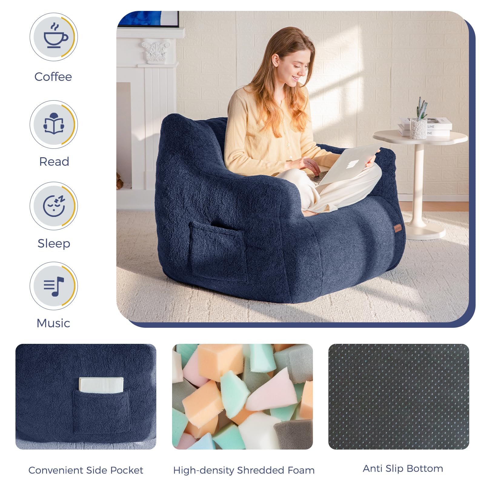 MAXYOYO Tufted Boucle Fabric Bean Bag Chair - Ultra Comfortable Lazy Sofa with Filler for Adults & Teens (Navy Blue) - Perfect for Living Rooms, Bedrooms & Game Rooms