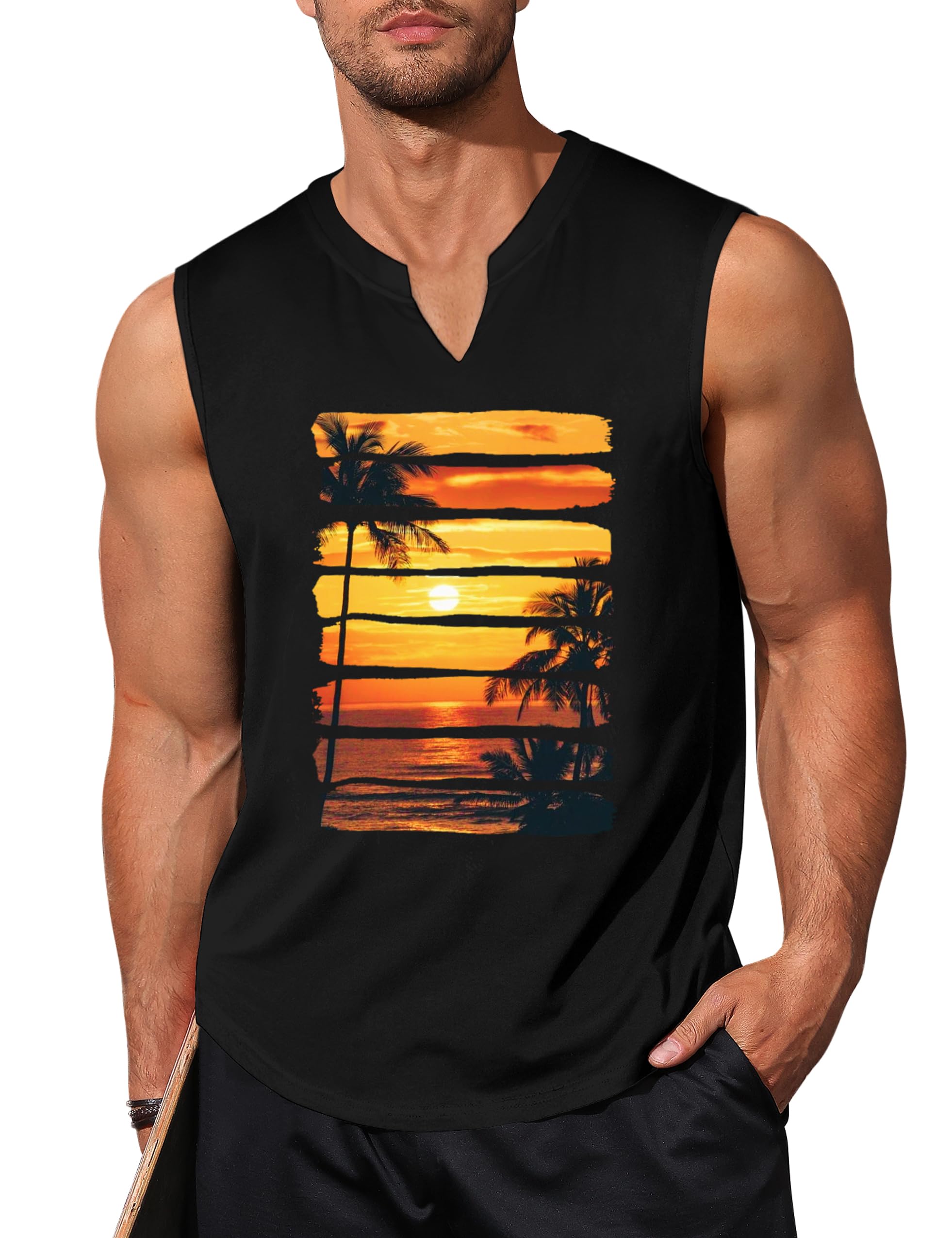 Men's Graphic Print Sleeveless V-Neck Tank Top - Workout Muscle Shirt for Gym, Running & Summer Outdoor Activities