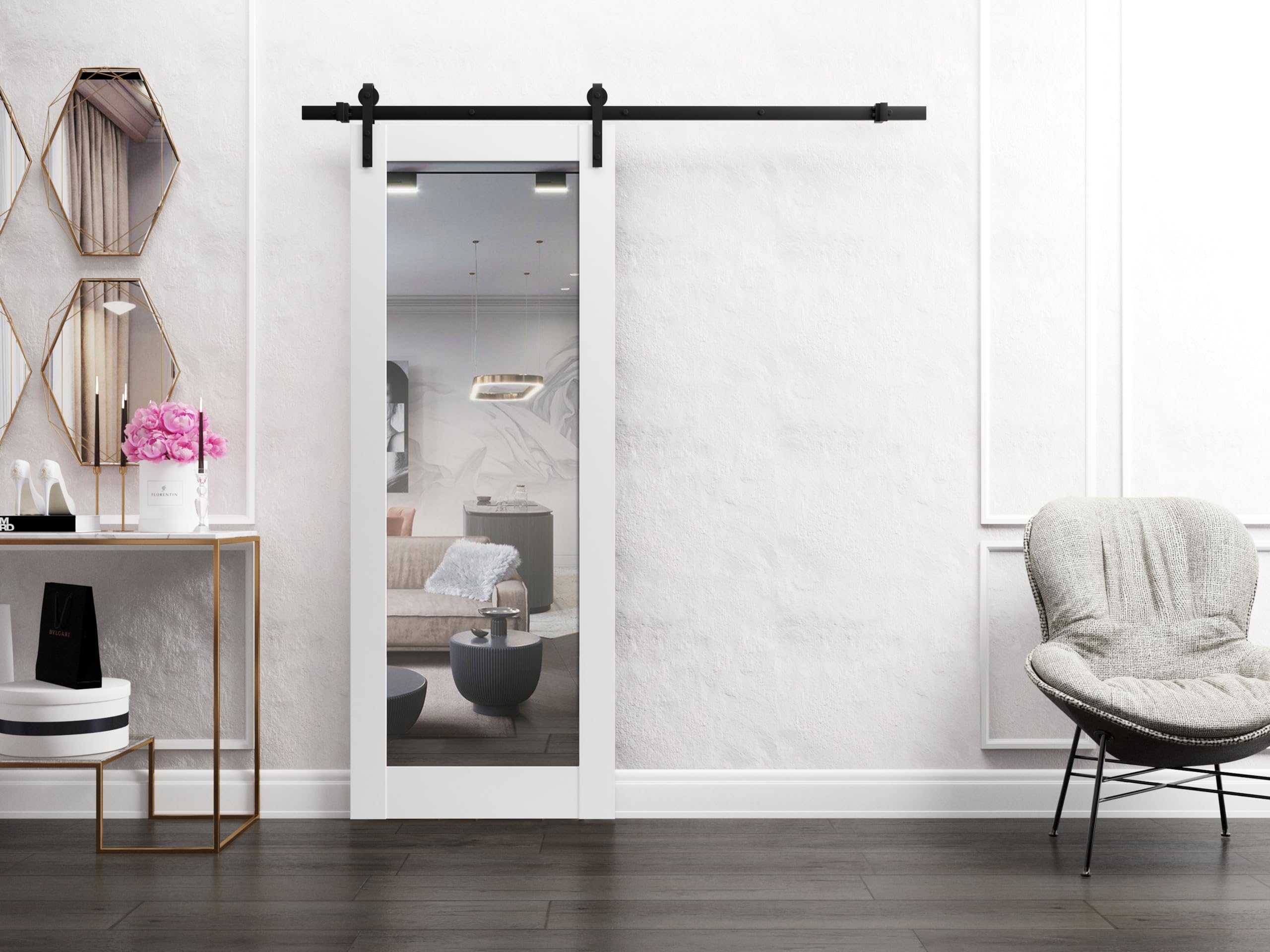 SARTODOORS - 30 x 84 Inch Solid Wood Barn Door with Mirror | Lucia 1299 White Silk Finish | Heavy Duty 6.6 FT Sliding Rail Hardware Set | Rustic Interior Door for Bedroom, Bathroom or Closet