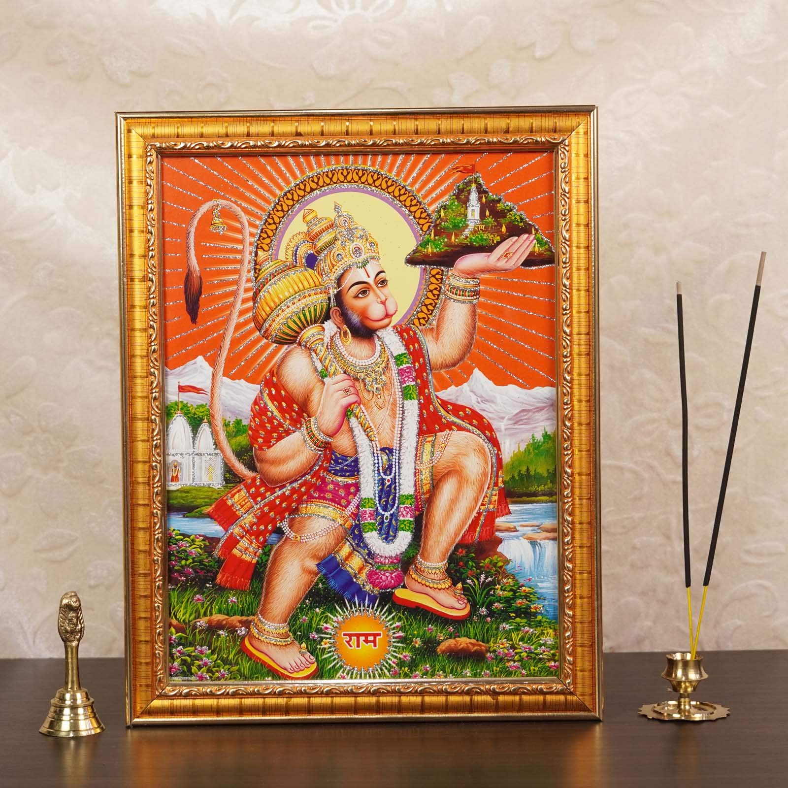 Premium Hindu Lord Hanuman Wall Art - Framed Hanuman Photo for Home Temple Decor | Perfect for Pooja Room, Meditation Space & Spiritual Gift