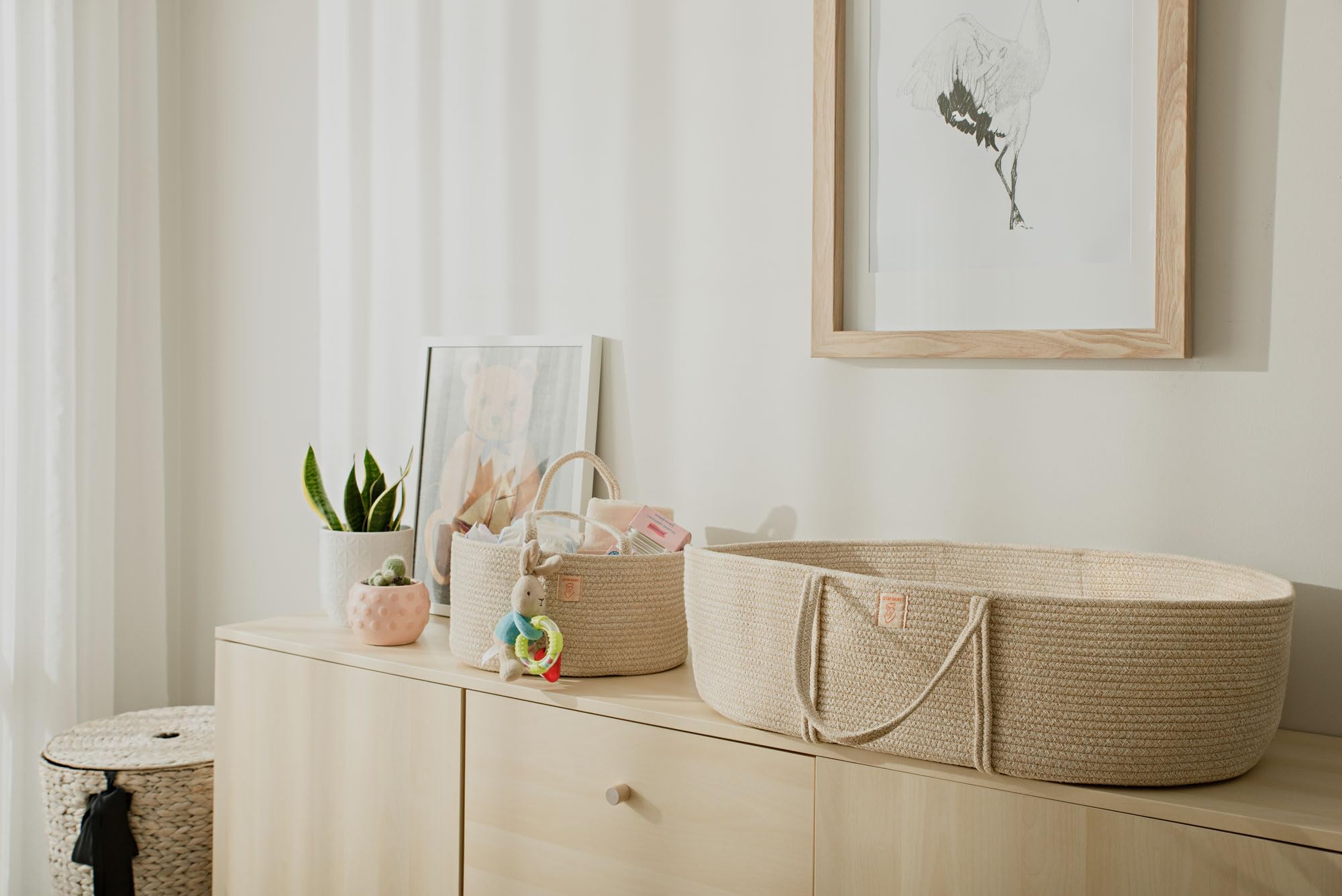 **Trendy Baby Changing Basket Set - 4-Piece Unisex Moses Basket with Waterproof Pad, Diaper Caddy Organizer & Cotton Blanket - Boho Nursery Decor for Bassinet or Changing Table - Perfect for Newborn Care & Nursery Organization**