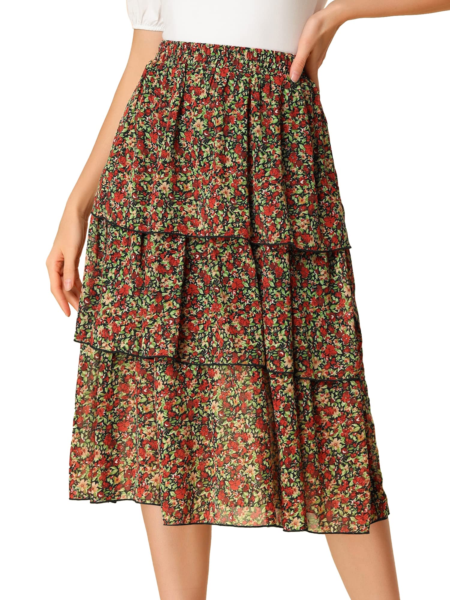 Allegra K Women's Floral Print Ruffle Hem High Waist Layered Midi Skirt for Spring Summer Casual Outfits and Beach Vacations