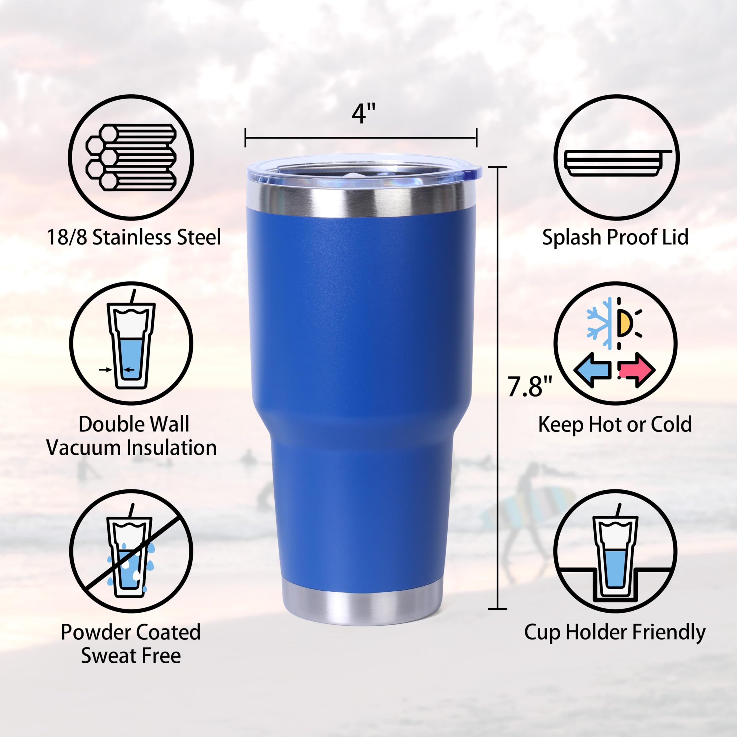 30 Oz. Stainless Steel Tumbler with Powder Coating - Insulated Travel Mug for Hot & Cold Drinks - Durable Leak-Proof Cup for Office, Gym, Camping & Outdoor Activities - Royal Blue