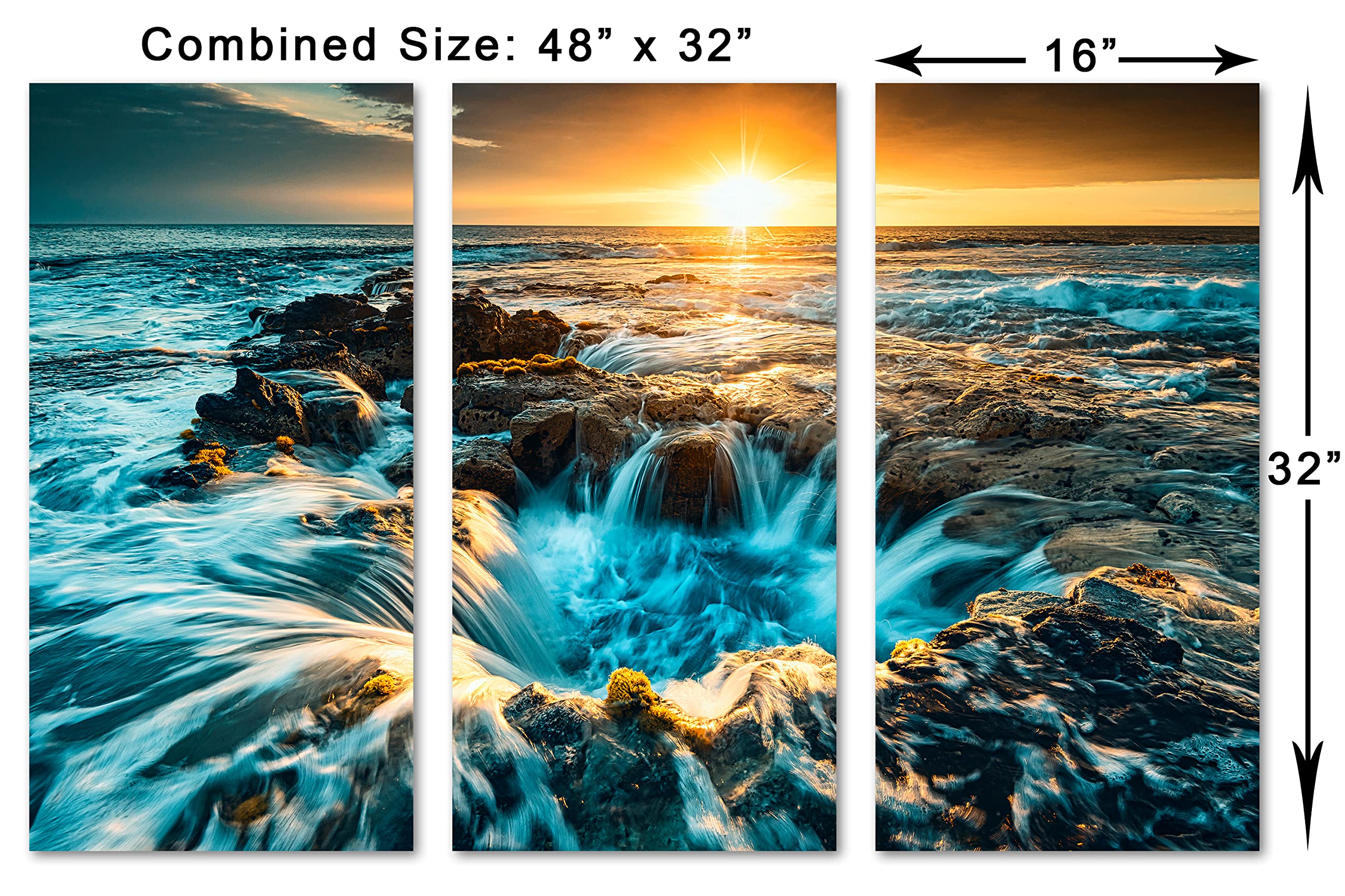 48x32 TOTAL - Pools of Paradise Canvas Print Wall Art Sunset 3 Panel Split Big Island Hawaii Coast - Perfect for Living Room, Bedroom & Office Decor