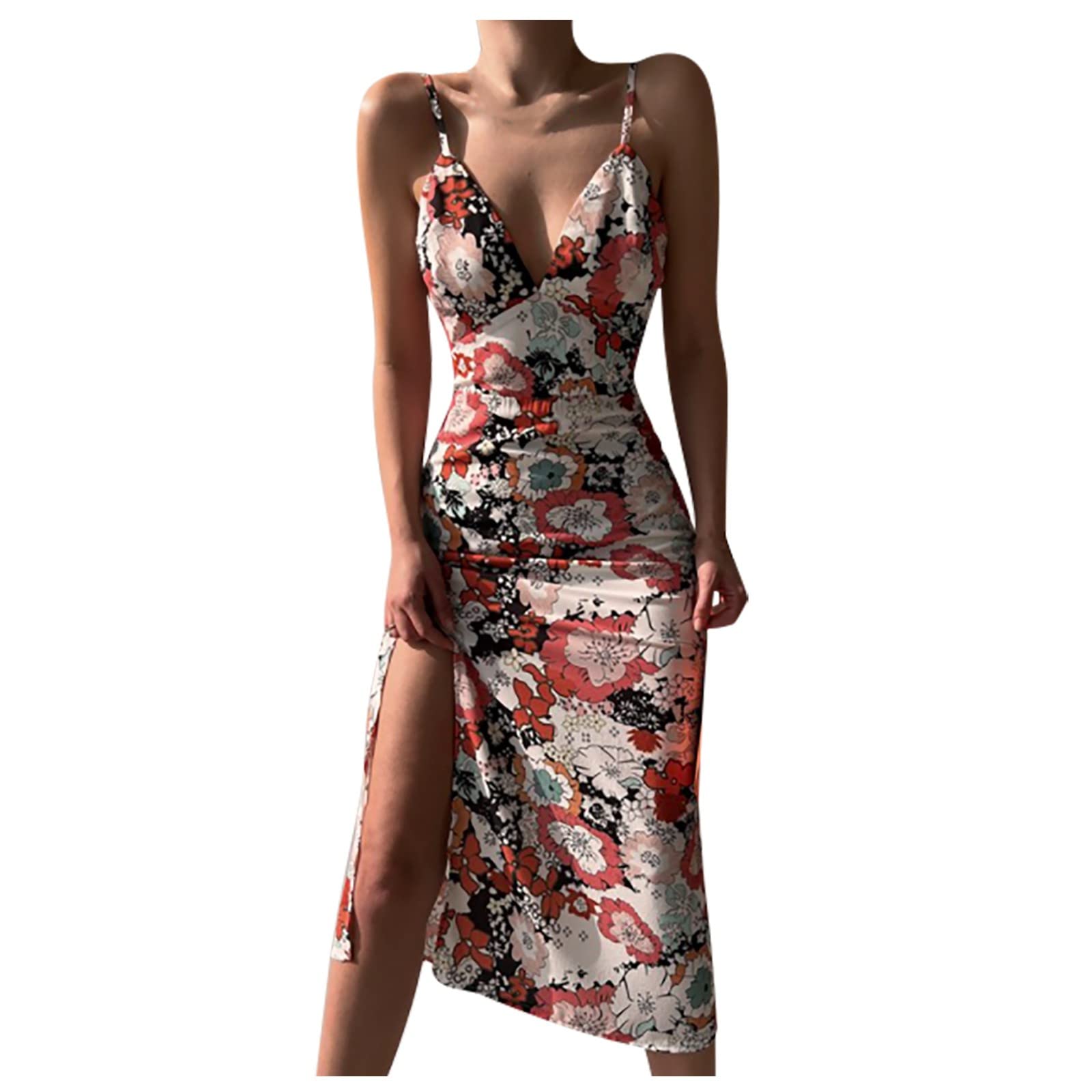 Women's Floral Print High Split Maxi Dress - Deep V-Neck Spaghetti Strap Cocktail & Evening Gown | Perfect for Wedding Guest, Summer Parties & Beach Vacations