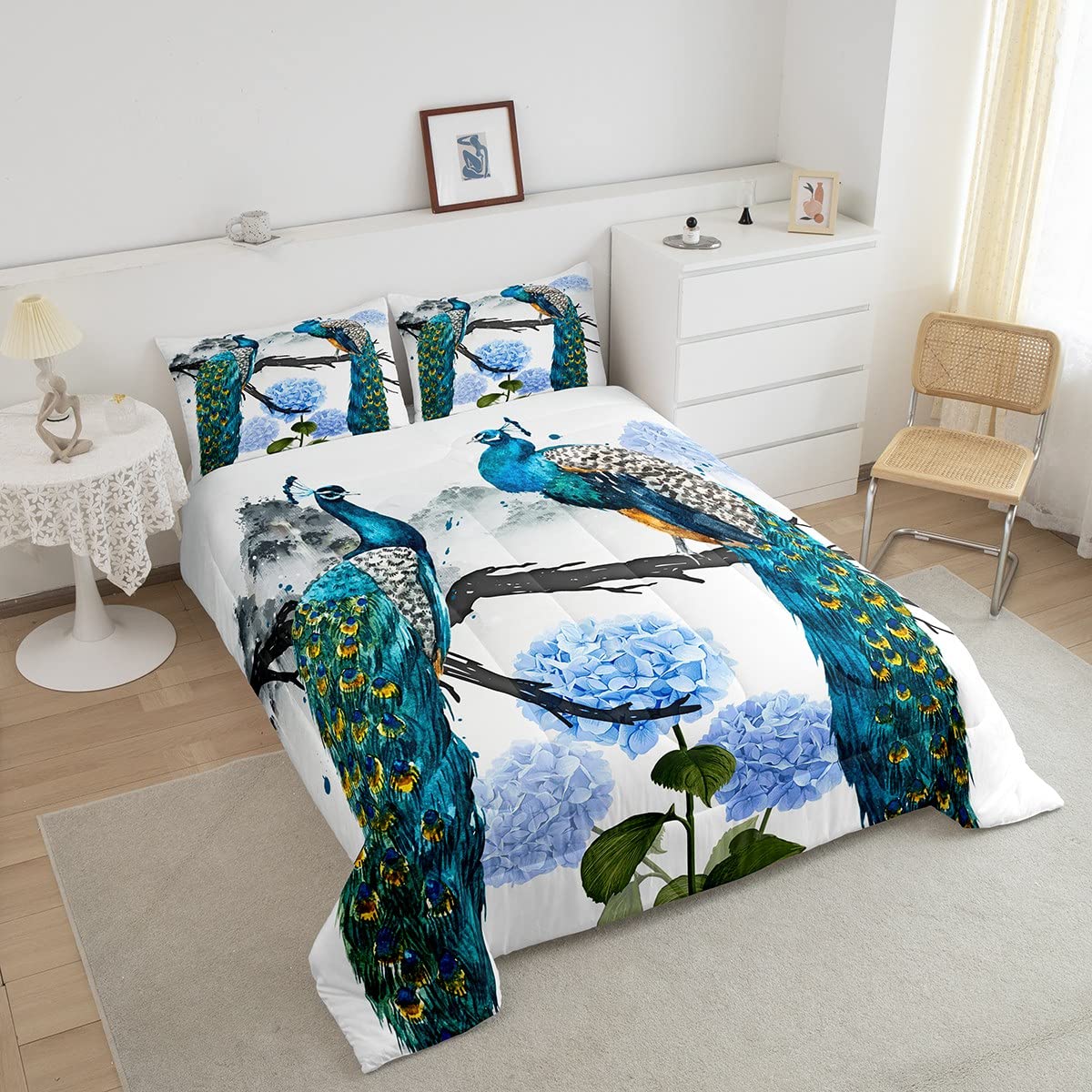 Peacock Bedding Set Full - Blue Floral Comforter Set with Feather Down, Retro Chinese Style Quilt, Chic Bird Duvet Cover for Bedroom Decor | Soft White Luxury Bedding for Master Bedroom & Guest Room