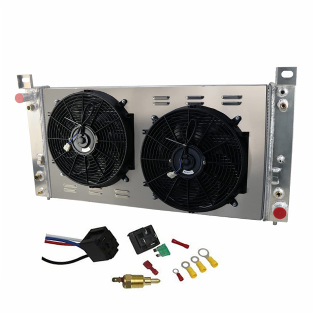 High-Performance 3-Row Full Aluminum Radiator with Fan Shroud & Relay Kit - Compatible with 99-14 Chevy Silverado 1500/2500HD/Tahoe, 99-14 GMC Sierra 1500/2500HD/Yukon, 03-09 Hummer H2, 02-14 Cadillac Escalade - Perfect for Off-Roading, Towing & Heavy-Duty Use