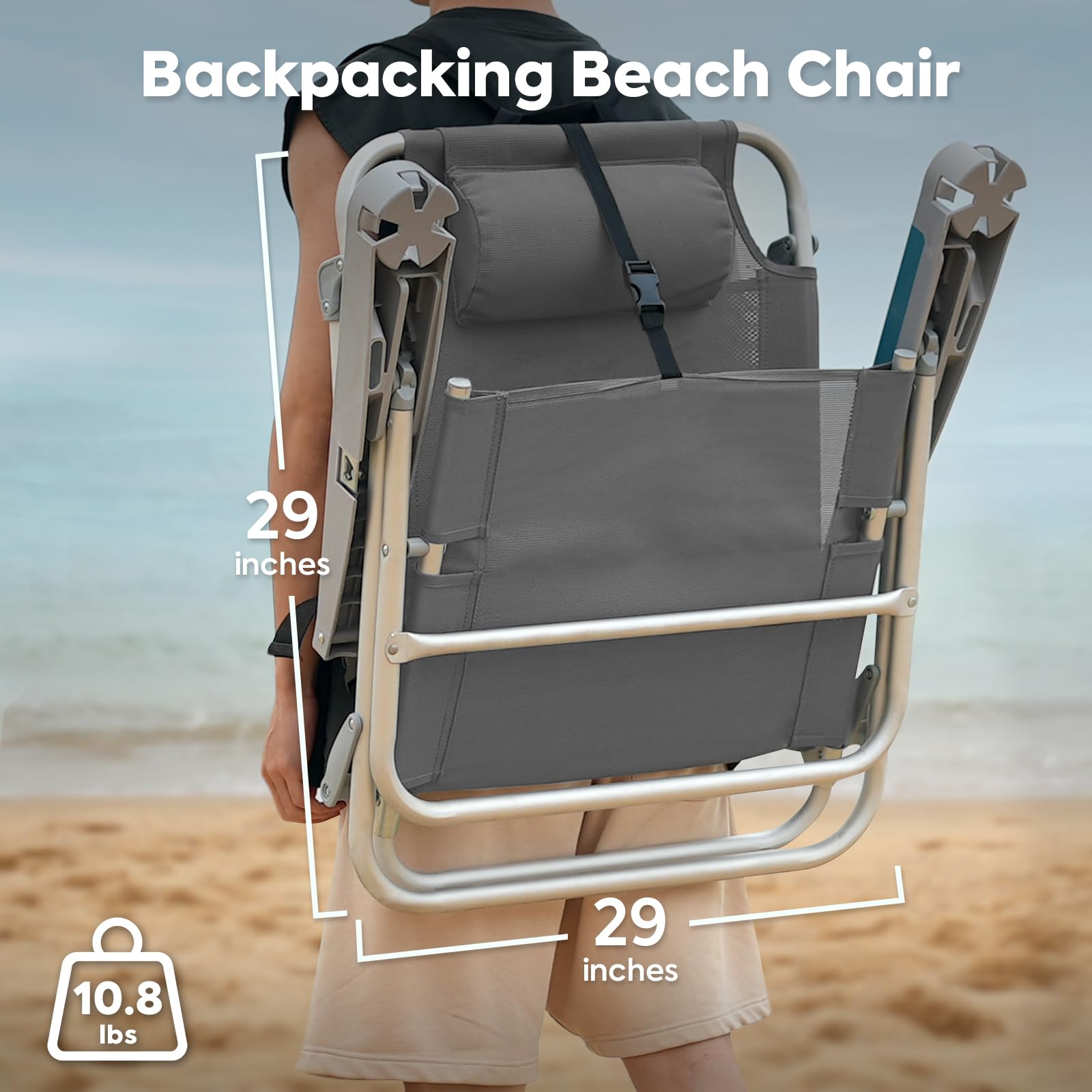 ICECO Heavy Duty Folding Beach Chair for Adults - 5 Position Reclining Portable Outdoor Chair with Cup Holder - 350lb Capacity for Beach, Camping, Lawn, Picnic, Backyard & Travel