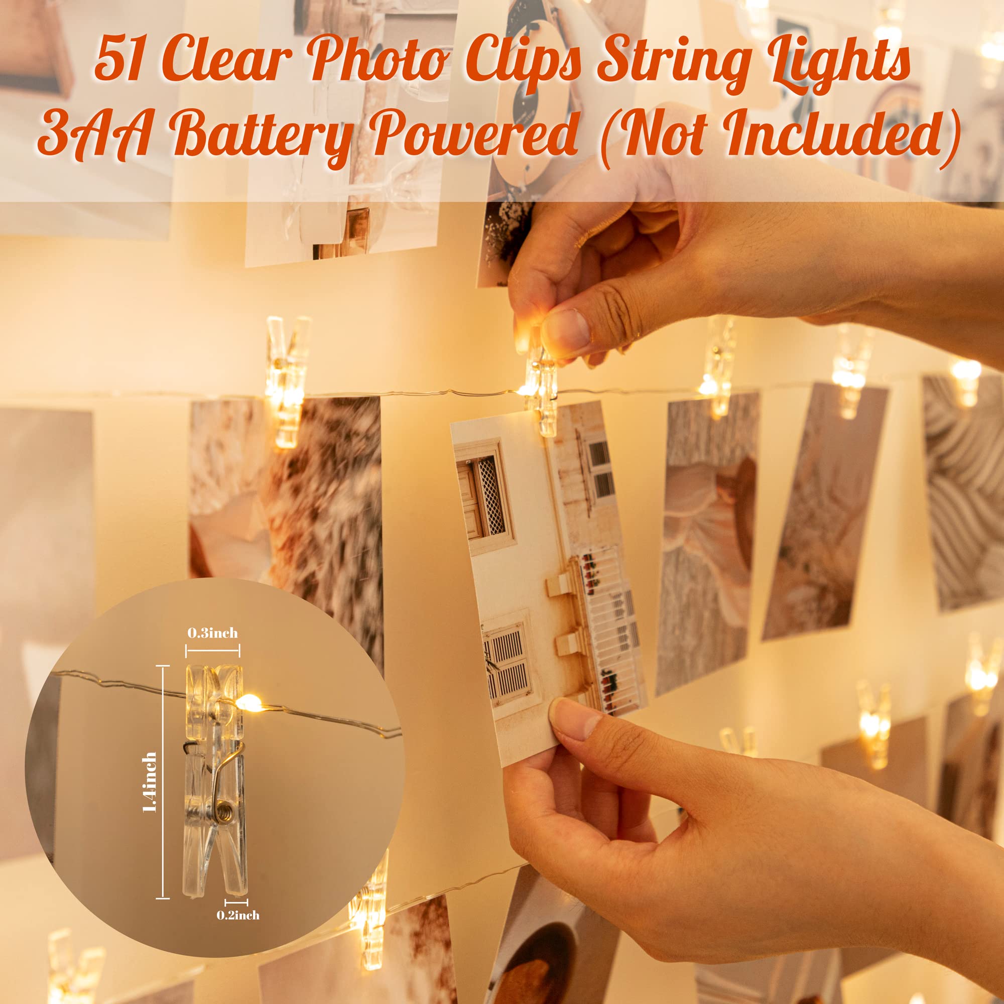 33FT Photo Clip String Lights with 51 Clear Clips - Battery Operated Fairy Lights for Pictures, Wall Decor, Bedroom, Dorm, Wedding & Christmas Tree - Perfect for Home Decor, Party Lighting and Cozy Ambiance