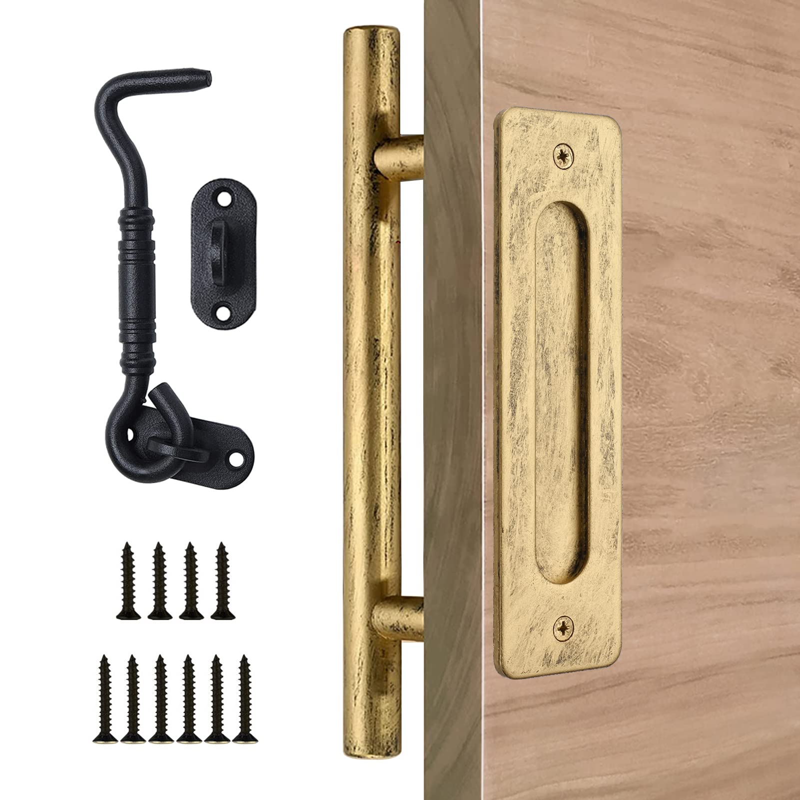 12 Inch Retro Gold Barn Door Handle - Handmade Rustic Sliding Door Pull with Hook Lock Latch Set, Flush Mount Hardware Kit for Barn, Gate & Garage Doors | Perfect for Farmhouse, Cabin & Industrial Style Homes