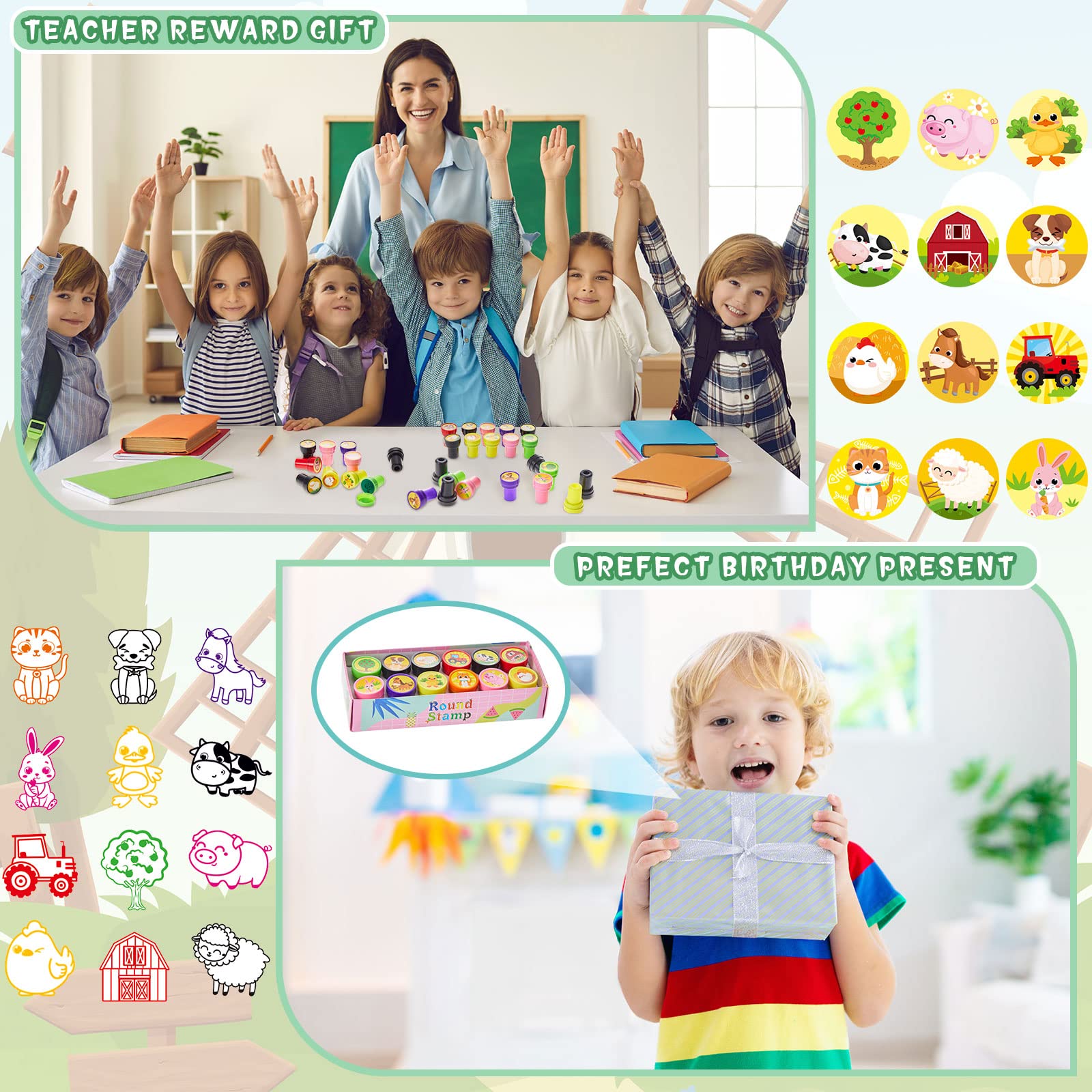 60 Pcs Farm Animal Stampers for Kids - Self Inking Stamps for Party Favors & Classroom Activities
