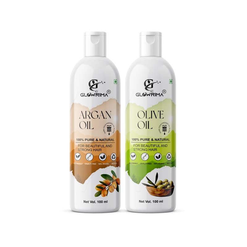Glowrima 100% Pure Argan Oil & Olive Oil Combo Set (100ML Each) - For Hair Growth, Anti Hair Fall, Split Ends Repair & Shiny Hair - Pack of 2 - Perfect for Daily Hair Care & Scalp Treatment