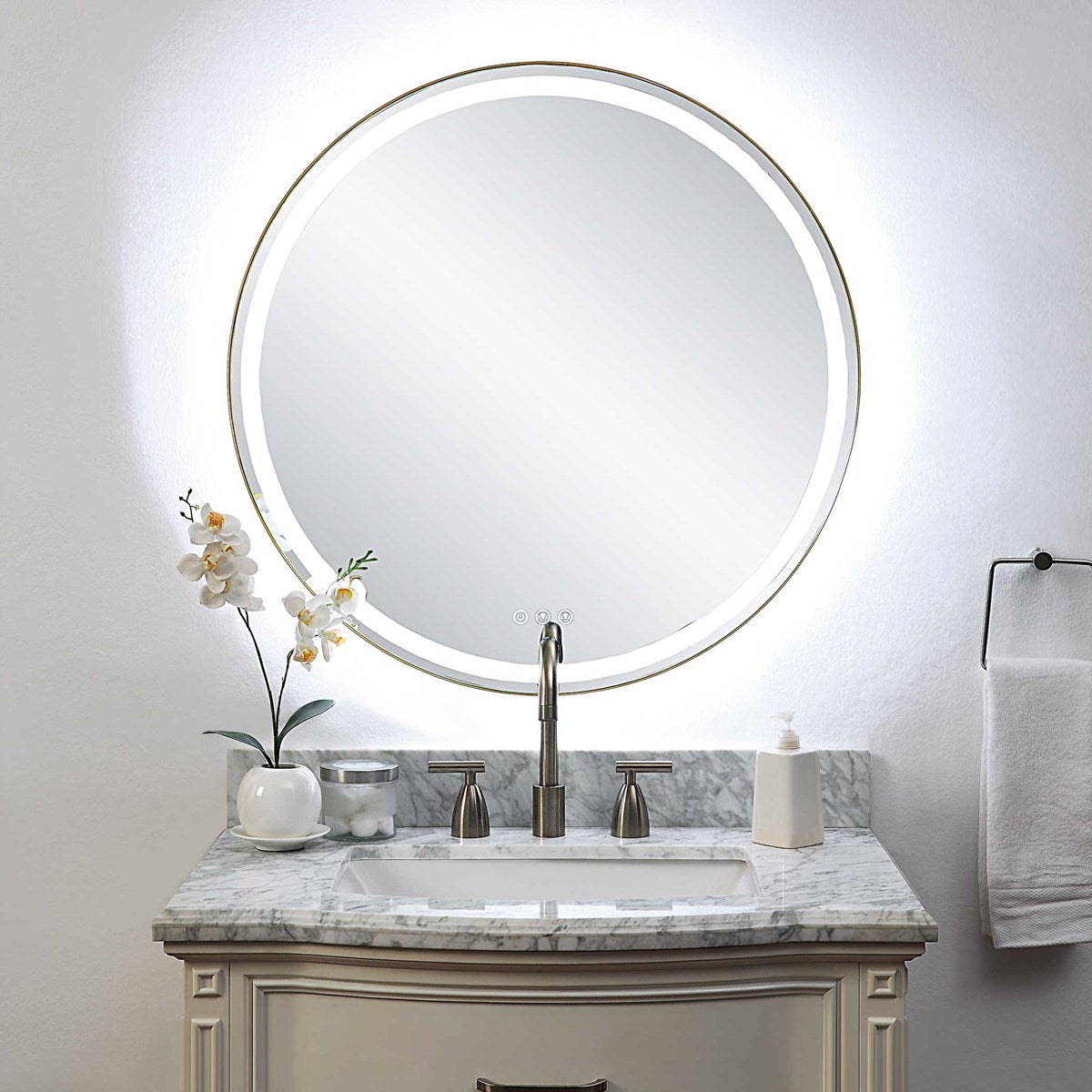 Crofton Brass Round Mirror with LED Lights - Elegant Vanity Mirror for Makeup, Bathroom, and Bedroom Decor