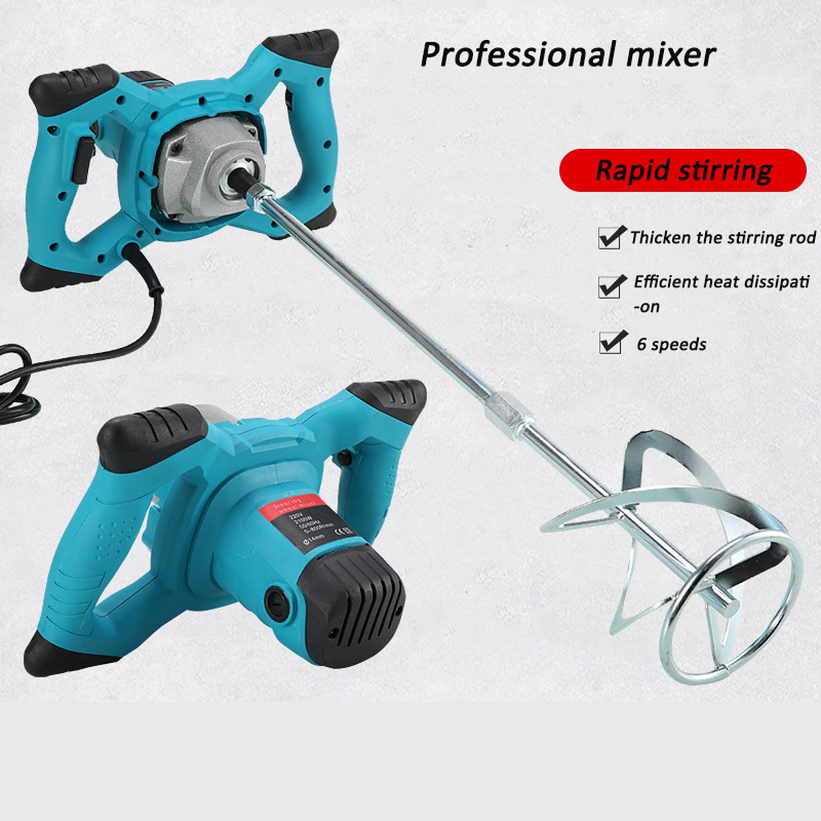 2100W Electric Paddle Mixer with Safety Switch - M14 Pole 60cm Handheld Cement Stirrer for Plaster, Paint, Mortar & Glue Mixing - Blue 220V - Perfect for DIY Home Renovation & Construction Projects