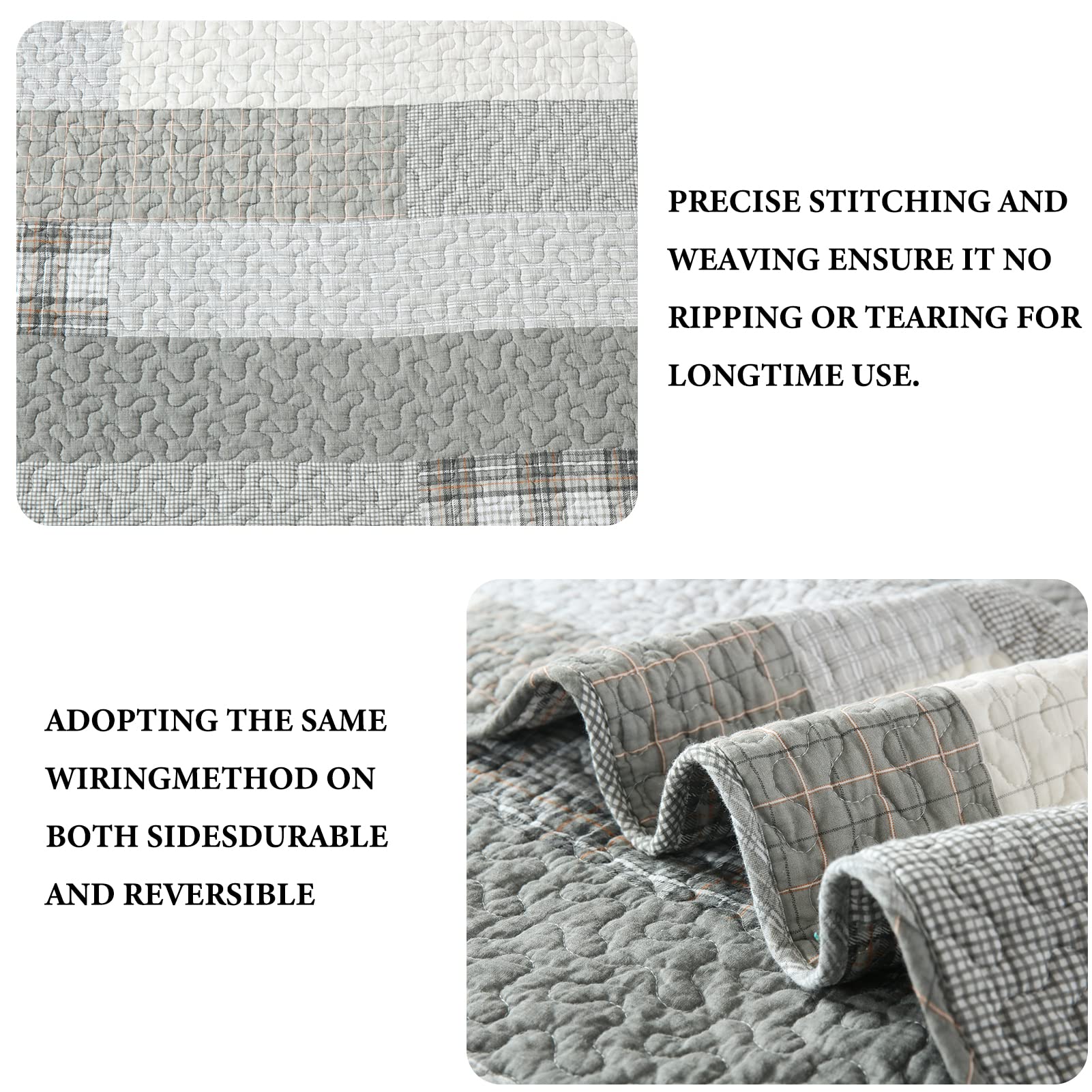 Y-PLWOMEN 100% Cotton Queen Size Quilt Set - Lightweight Reversible Farmhouse Plaid Bedspread (3-Piece) | Grey All-Season Quilted Bedding for Cozy Home Decor | Perfect for Master Bedroom, Guest Room & Farmhouse Style