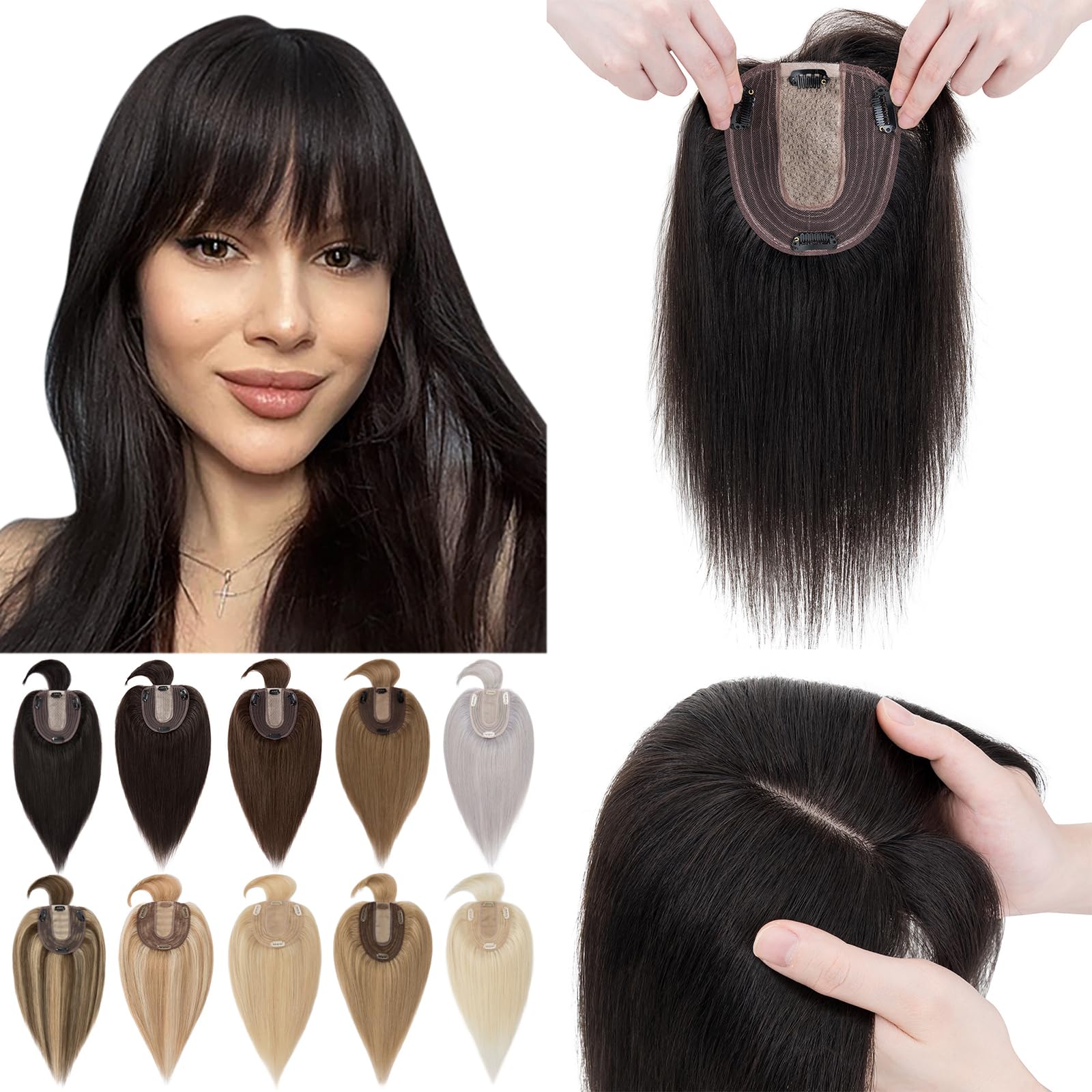 SEGO 100% Real Human Hair Toppers for Women with Bangs - 130% Density Silk Base Clip-in Top Wiglet (10x12cm, 12 Inch Natural Black) for Thinning Hair - Perfect for Daily Wear, Parties & Special Occasions