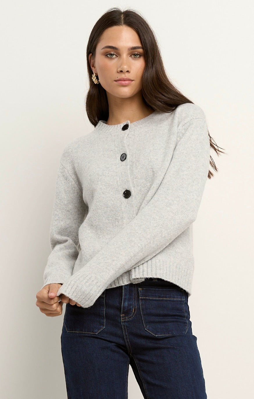 Crest Light Grey Marble Crewneck Cardigan for Women - Soft Knit Sweater for Casual Wear, Office Outfits & Fall Layering