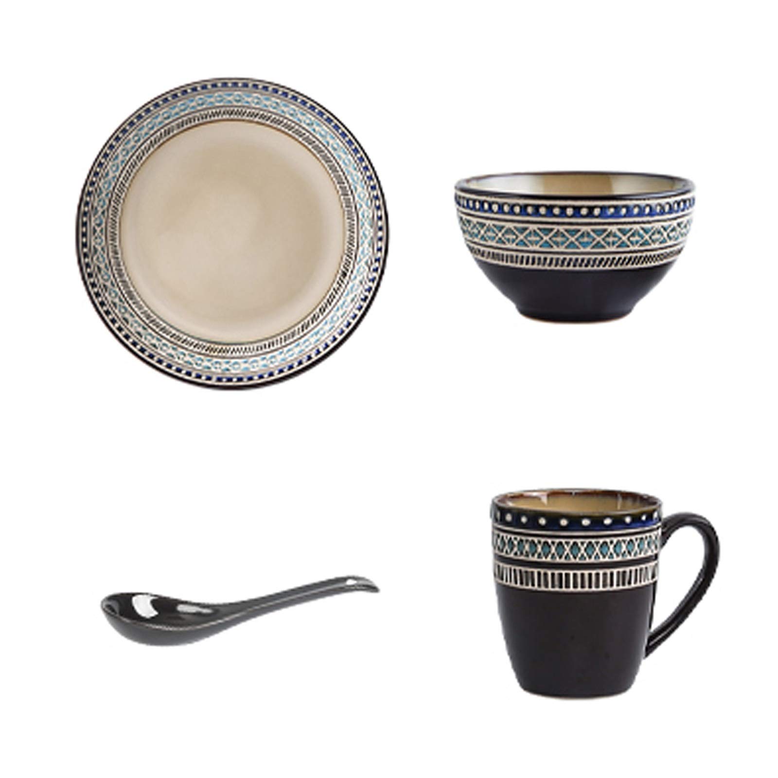 Premium 16-Piece Ceramic Dinnerware Set - Elegant Relief Craft Plates, Bowls, Mugs & Spoons - Durable Dish Set for Home Dining, Restaurants & Gifts - Microwave & Dishwasher Safe Dinner Plates for Everyday Use