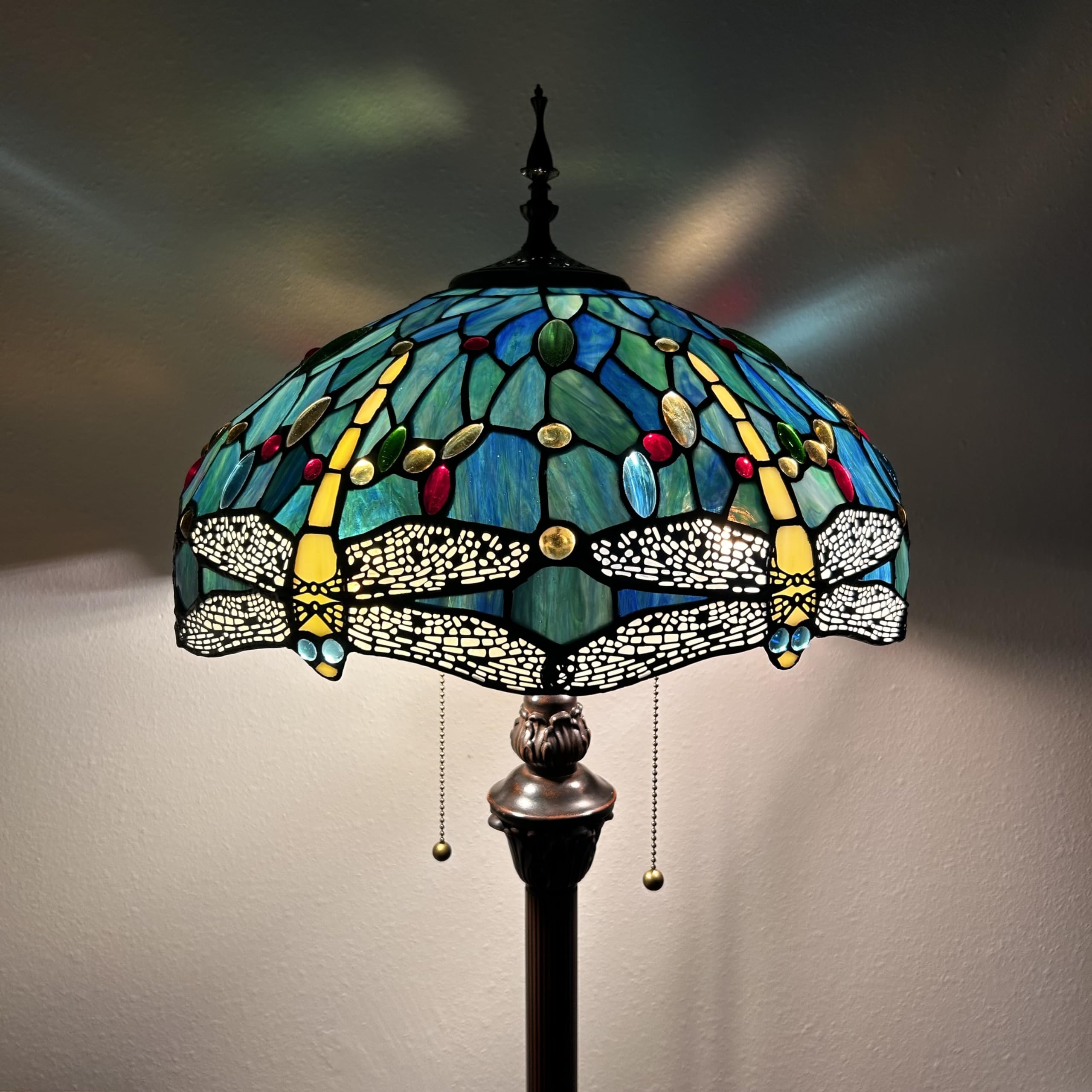 Tiffany Style Dragonfly Stained Glass Floor Lamp with Metal Base - Green & Blue Art Nouveau Design, Includes LED Bulbs (16