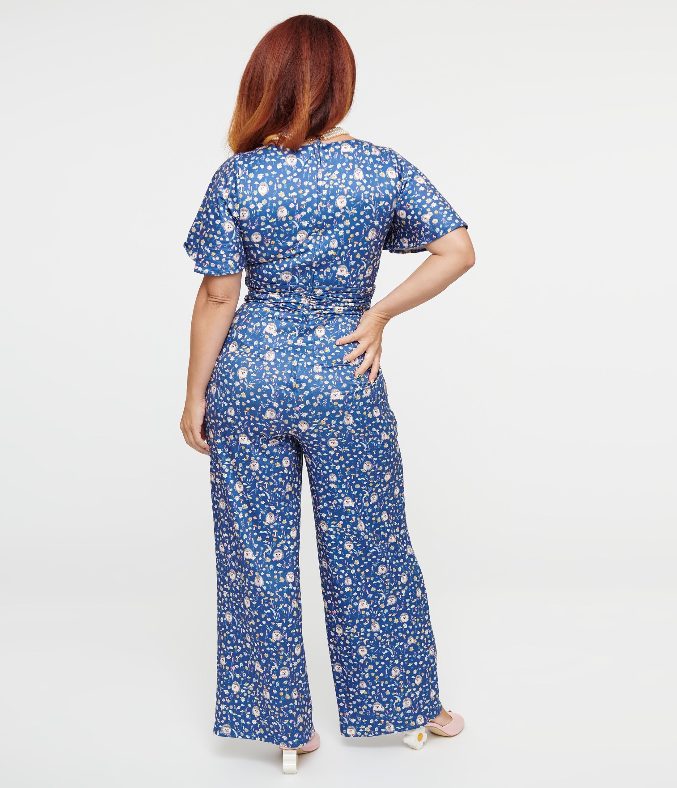 Dolly & Dotty Women's Blue Floral & Hedgehog Print Charlotte Jumpsuit - Stylish Romper for Casual Outings, Summer Parties & Date Nights