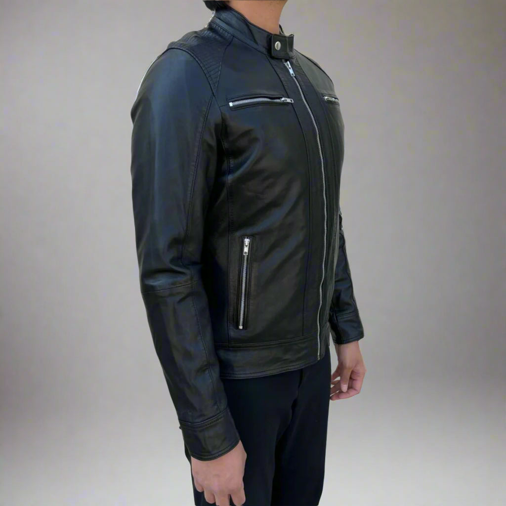 Premium Men's Genuine Sheep Leather Jacket with 4 Pockets, Stand Collar & Silver Zippers - Stylish Outerwear for Casual Wear, Motorcycle Riding & Fall Fashion