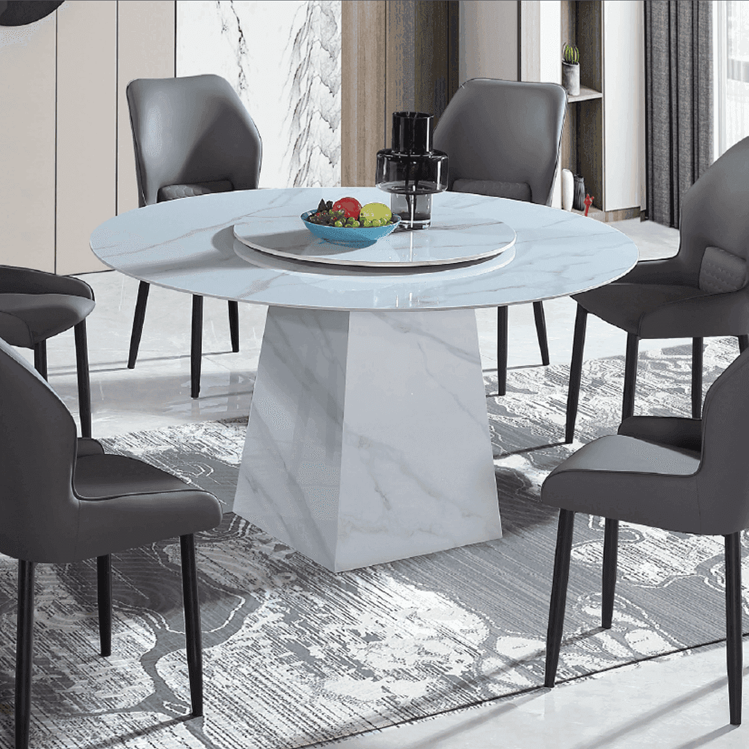 Elegant Emanuele Marble Dining Table with Built-in Lazy Susan - 135cm Round Kitchen Table for Family Gatherings & Dinner Parties | Durable Marble Top & Sturdy Base | Perfect for Dining Rooms, Kitchens & Entertaining Spaces