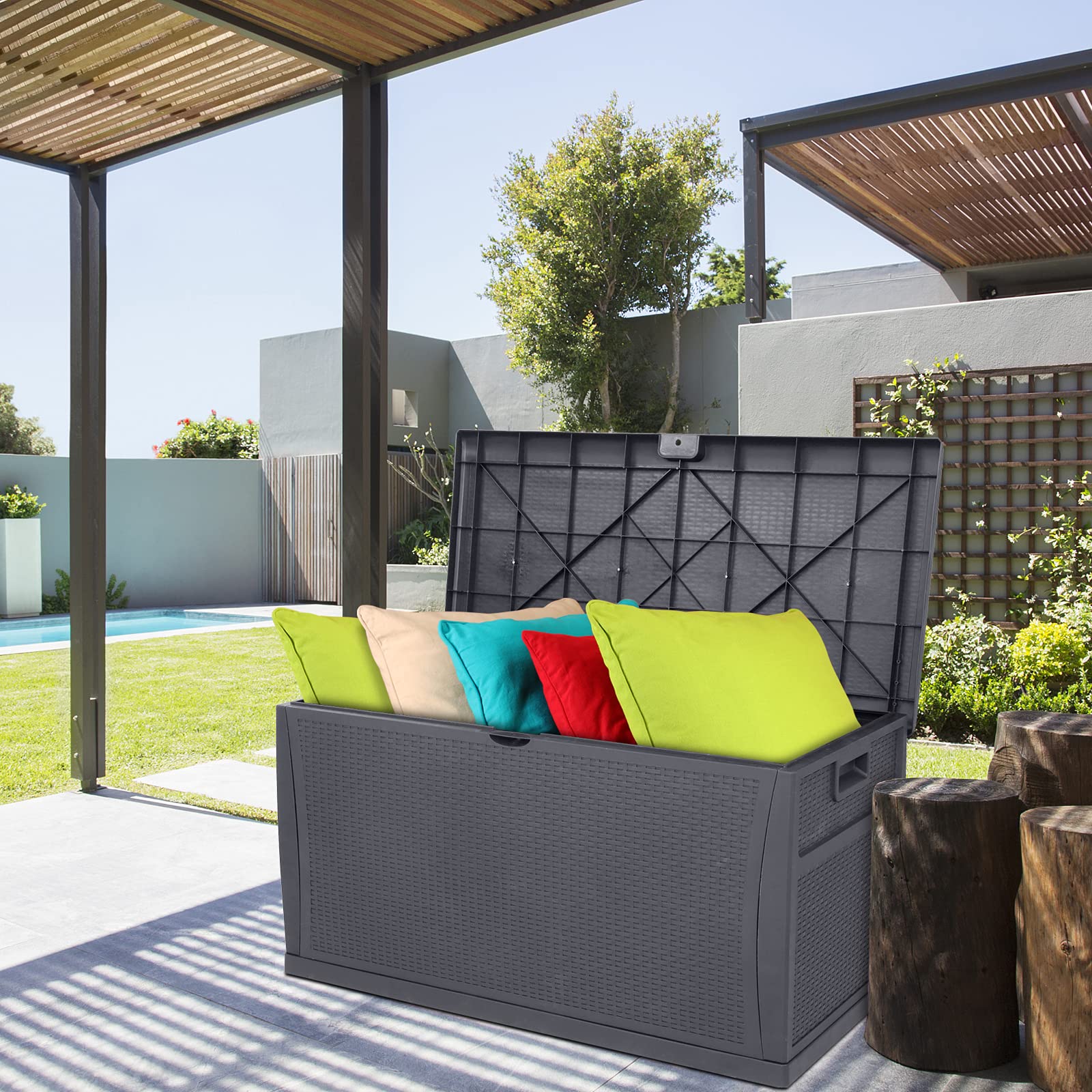 VINGLI Upgraded 120 Gallon Outdoor Storage Box with Lockable Lid - Waterproof Plastic Deck Box with Rattan Grain Surface for Patio, Garden, Pool, Balcony & Yard (Grey) | Perfect for Storing Cushions, Pool Toys & Seasonal Decorations
