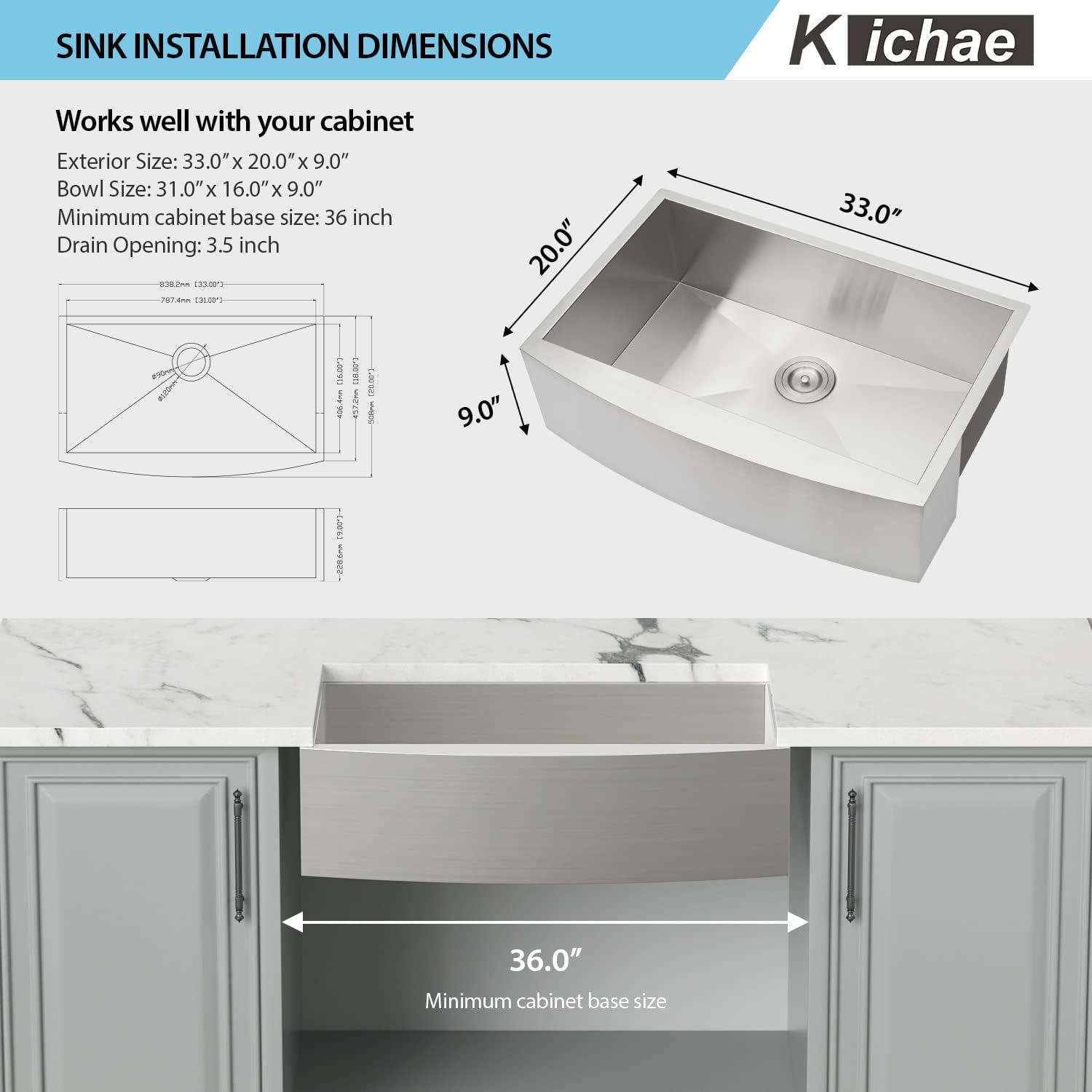 Kichae 33 Inch Farmhouse Kitchen Sink - 16 Gauge Stainless Steel Apron Front Single Bowl with Deep Basin | Handmade Farm Style Design for Rustic & Modern Kitchens | Perfect for Country Homes, Renovations & Chef Cooking Spaces