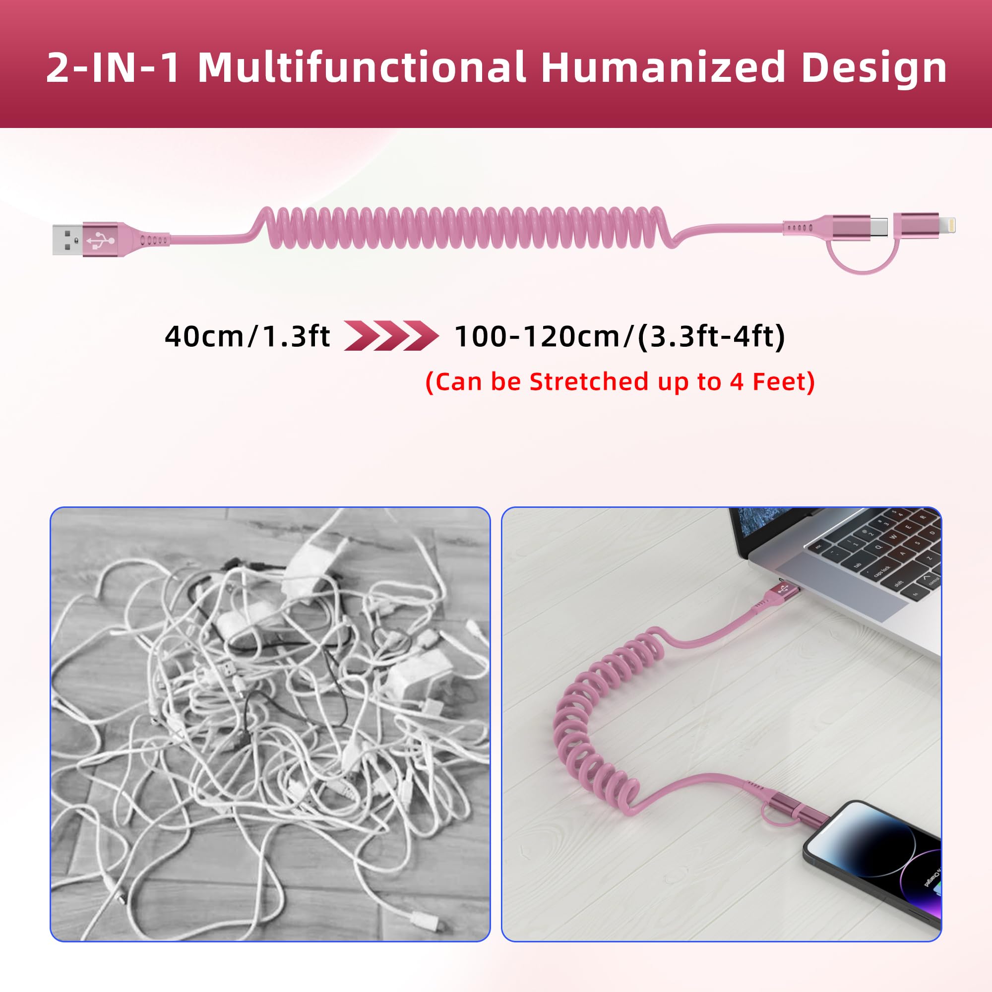 2-in-1 USB to USB-C & Lightning Coiled Cable - MFi Certified Fast Charging & Data Sync Compatible with iPhone 15/14/13/12 & Android Devices (Pink) | Perfect for CarPlay, Android Auto & Travel Charging