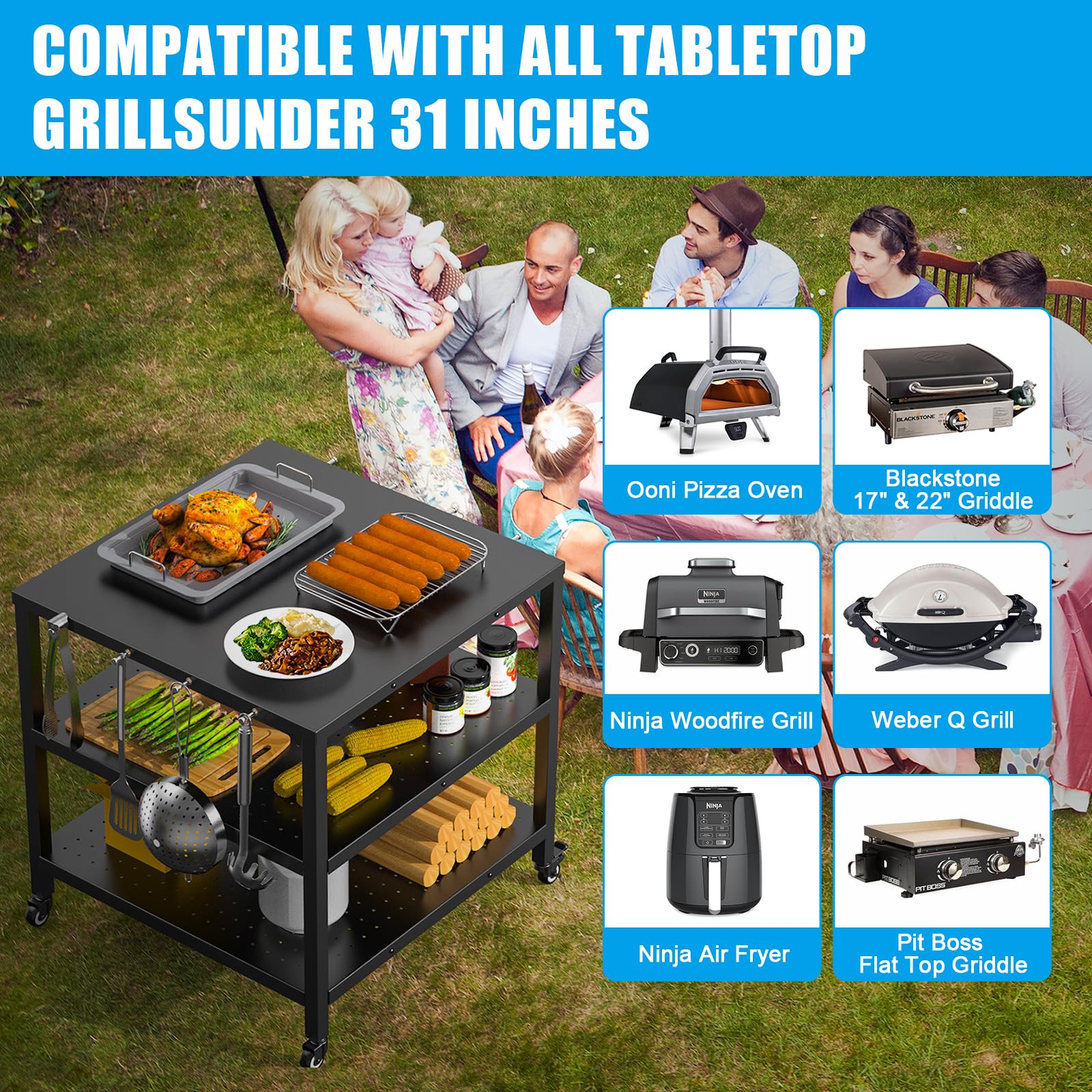 **Portable Outdoor Grill Cart with Pizza Oven & 3-Shelf Storage – Heavy-Duty Rolling BBQ Prep Table with Wheels & Waterproof Cover – Perfect for Backyard Cooking, Camping & Outdoor Dining**