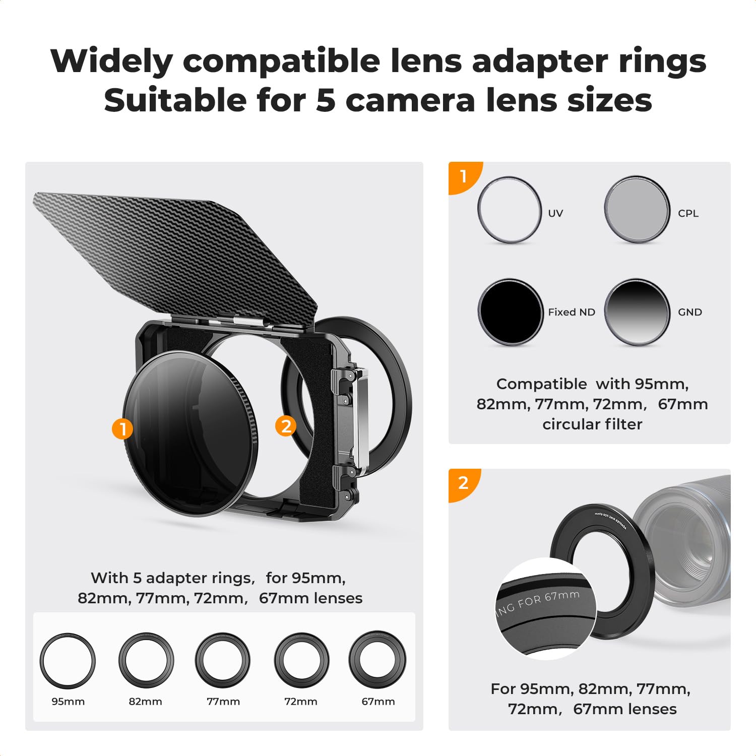 K&F Concept Mini Matte Box for DSLR Cameras - Carbon Fiber Top Flag & Side Wings, Compatible with 67/72/77/82/95mm Lenses & 4x5.65 Square ND/UV Filters - Perfect for Cinematic Filmmaking, Photography, and Studio Productions