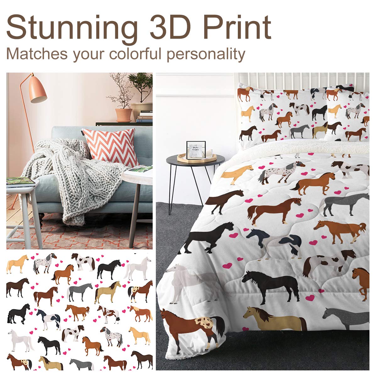 Ultra-Soft Micromink Sherpa Comforter Bed Set - 3D Lightweight Fuzzy Duvet Blanket with Polyester Filler - King Size Bedding with 2 Pillow Shams (Cartoon Horse Design) - Perfect for Cozy Winter Nights, Kids' Room Decor and Guest Bedroom Essentials
