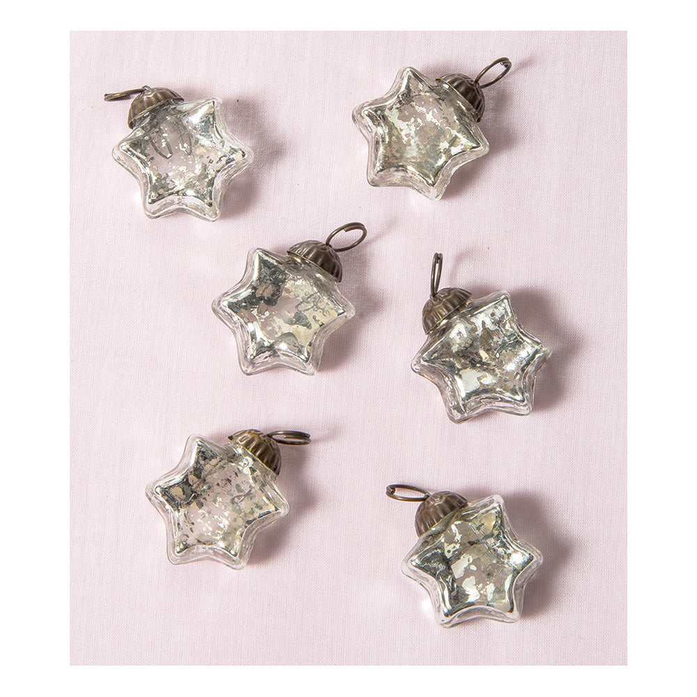 6 Pack Mini Mercury Glass Star Ornaments - 1.5 Inch Silver Vintage Christmas Tree Decorations | Imogen Design Holiday Home Decor for Xmas, Party & Gift Giving