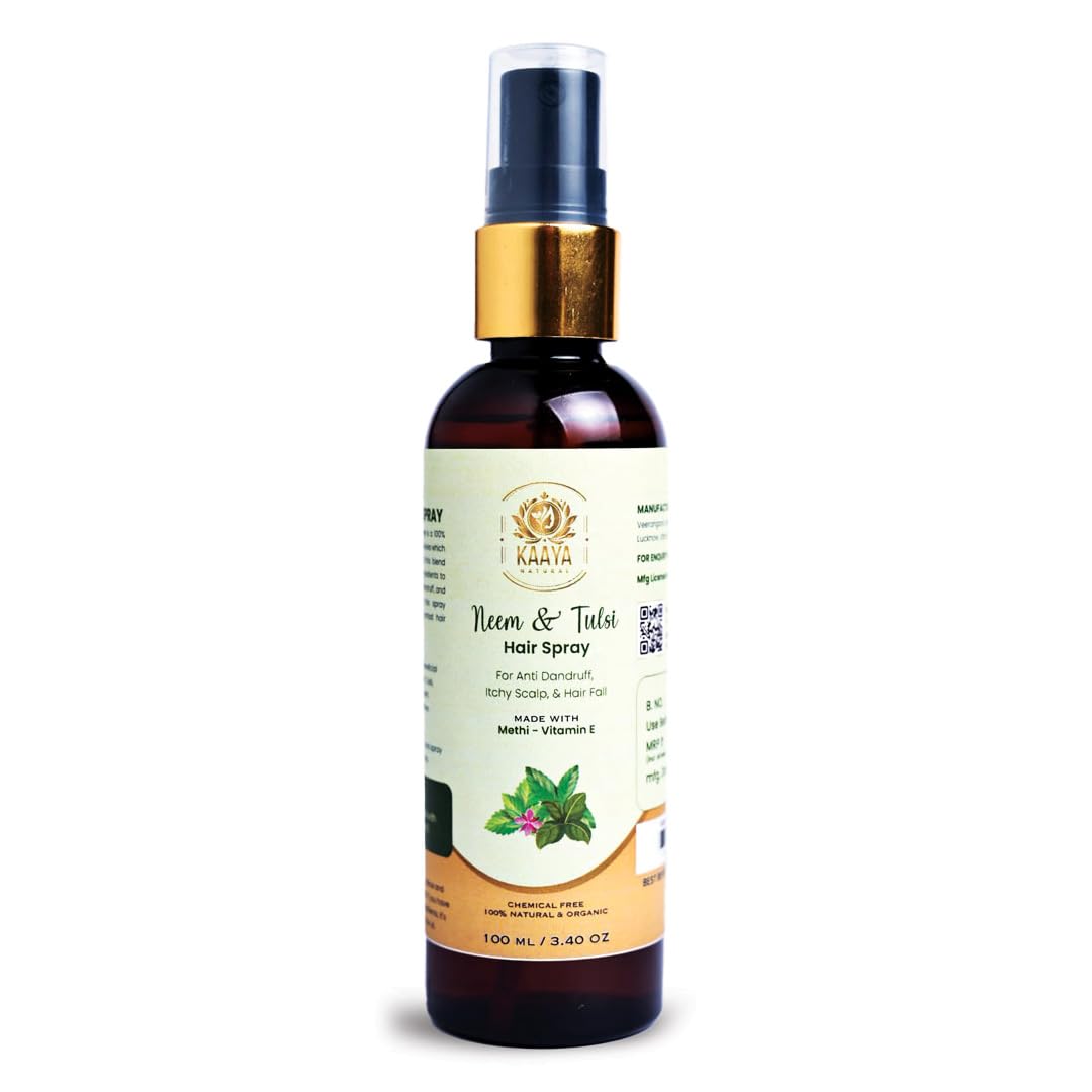Kaaya Natural Neem & Tulsi Hair Spray for Dandruff, Itchy Scalp & Hair Loss Treatment | 100% Organic & Vegan | Unisex Scalp Care | 100ml Bottle | Perfect for Daily Hair Care & Scalp Refreshment