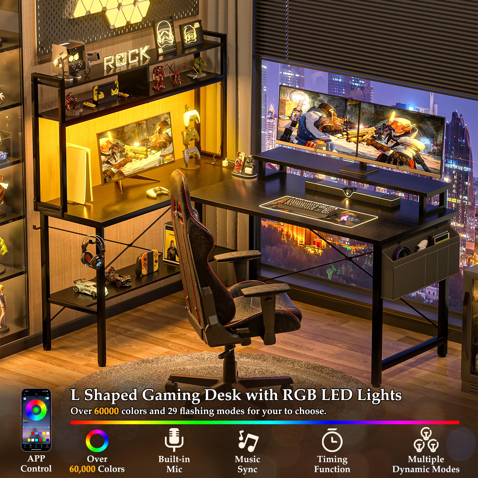 Aheaplus L-Shaped Gaming Desk with Power Outlets & LED Lights - Small Corner Computer Desk with Monitor Stand, Storage Shelf & Cable Management Bag - Ergonomic Home Office & Gaming Setup for Small Spaces (Black)