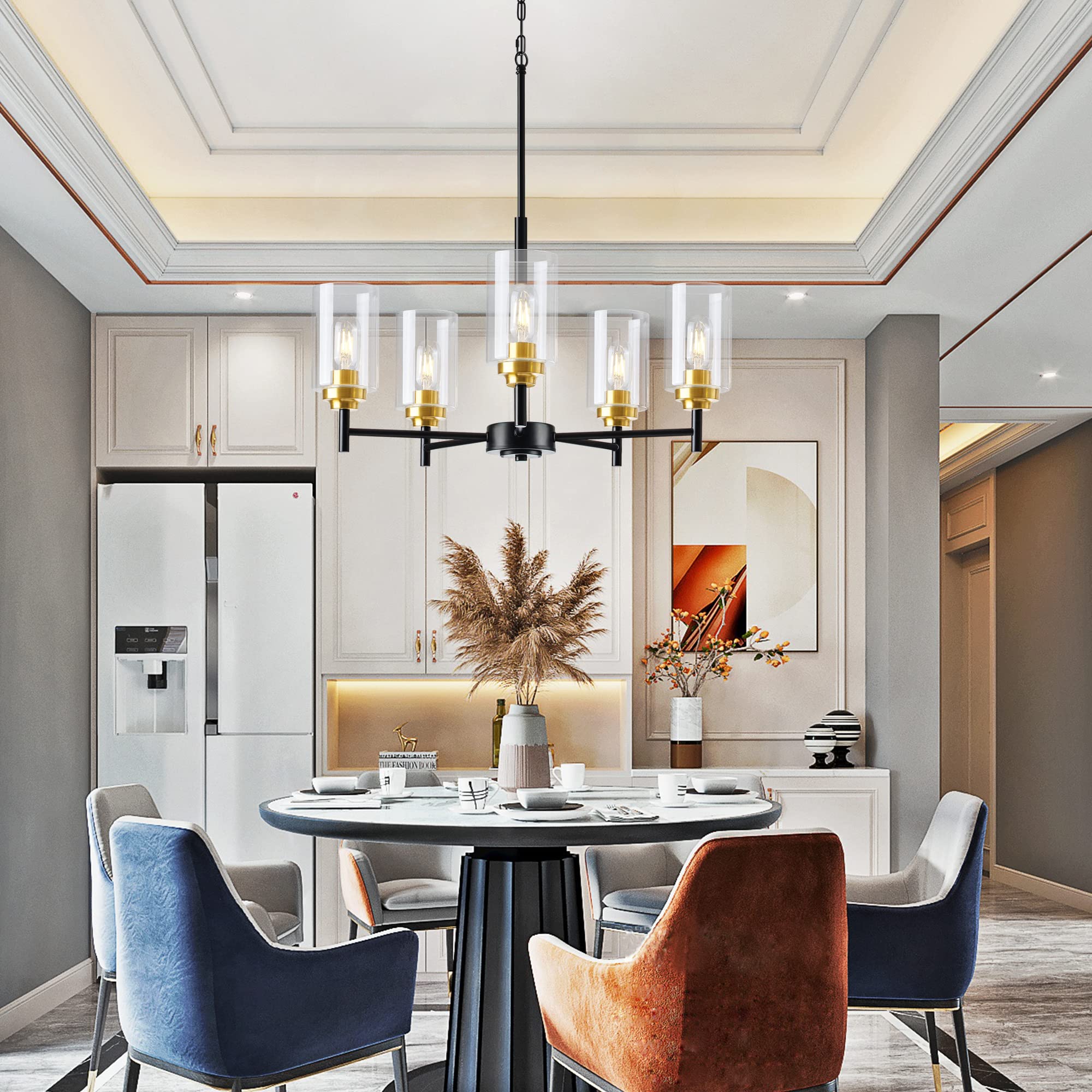 5-Light Glass Farmhouse Chandelier - Modern Black & Gold Pendant Lighting for Dining Room, Kitchen Island, Foyer, Living Room & Bedroom | Elegant Ceiling Fixture for Home Decor & Dining Ambiance