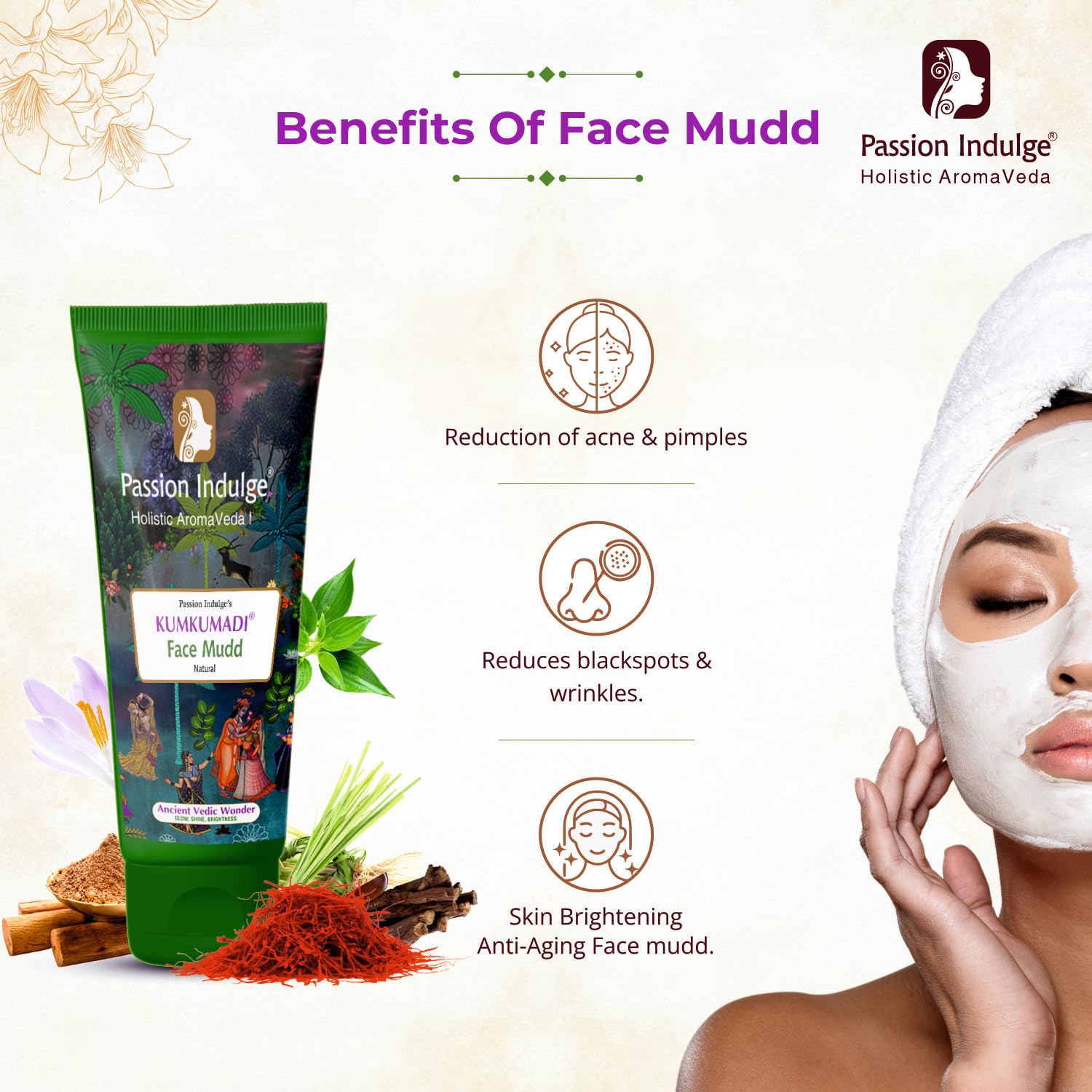 Kumkumadi Natural Face Mud Mask - Anti-Aging & Brightening Treatment with Saffron, Vetiver Oil & 16 Herbs for All Skin Types | Unisex Glow & Radiance Booster | Perfect for Daily Skincare & Spa Nights - 100g