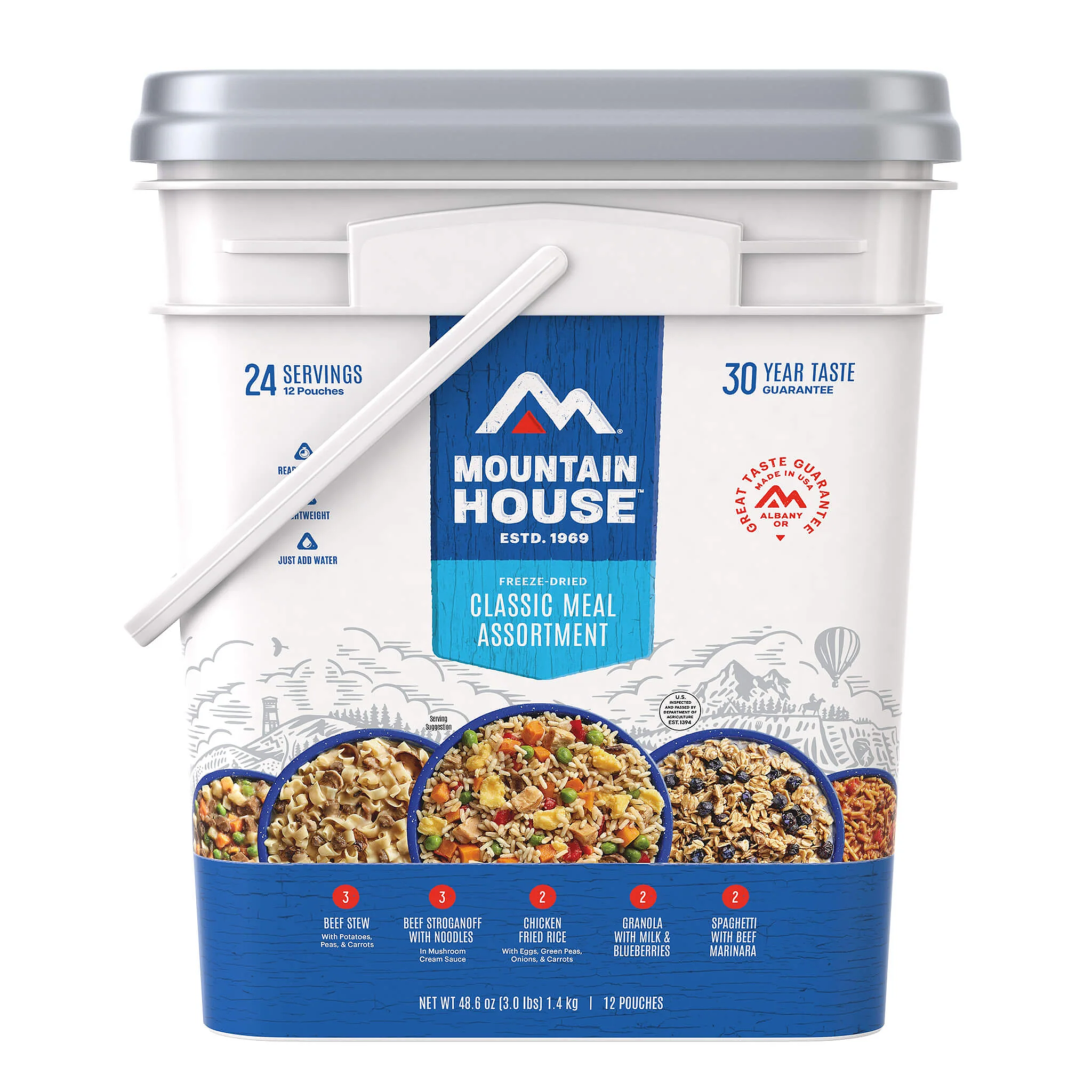 Mountain House Classic Meal Assortment Bucket - Freeze Dried Food for Camping, Hiking & Emergency Preparedness - 28 Servings of Delicious Meals
