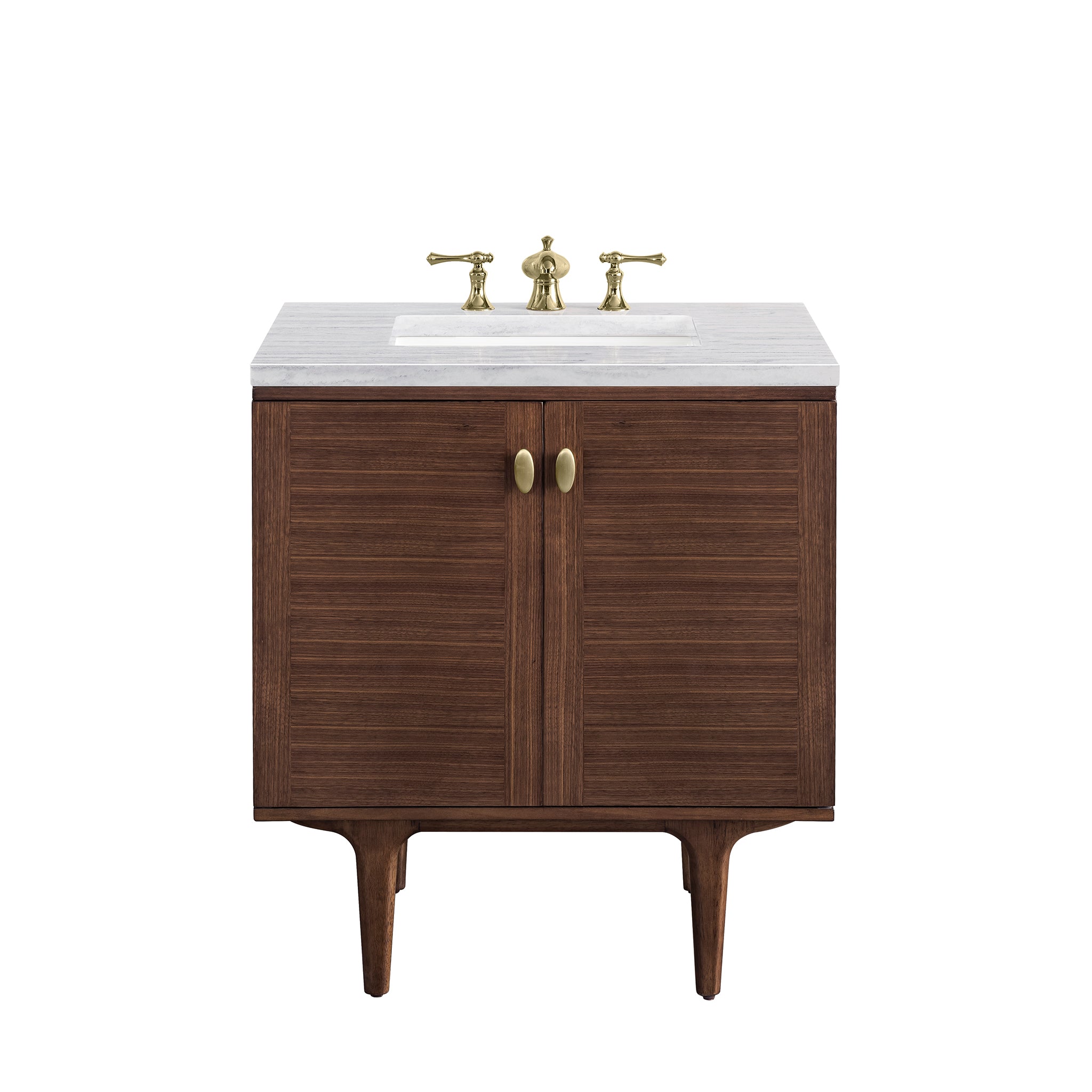 Amberly 30 Inch Single Bathroom Vanity - Mid Century Modern Walnut Finish with 3CM Arctic Fall Marble Top | Perfect for Small Bathrooms & Powder Rooms