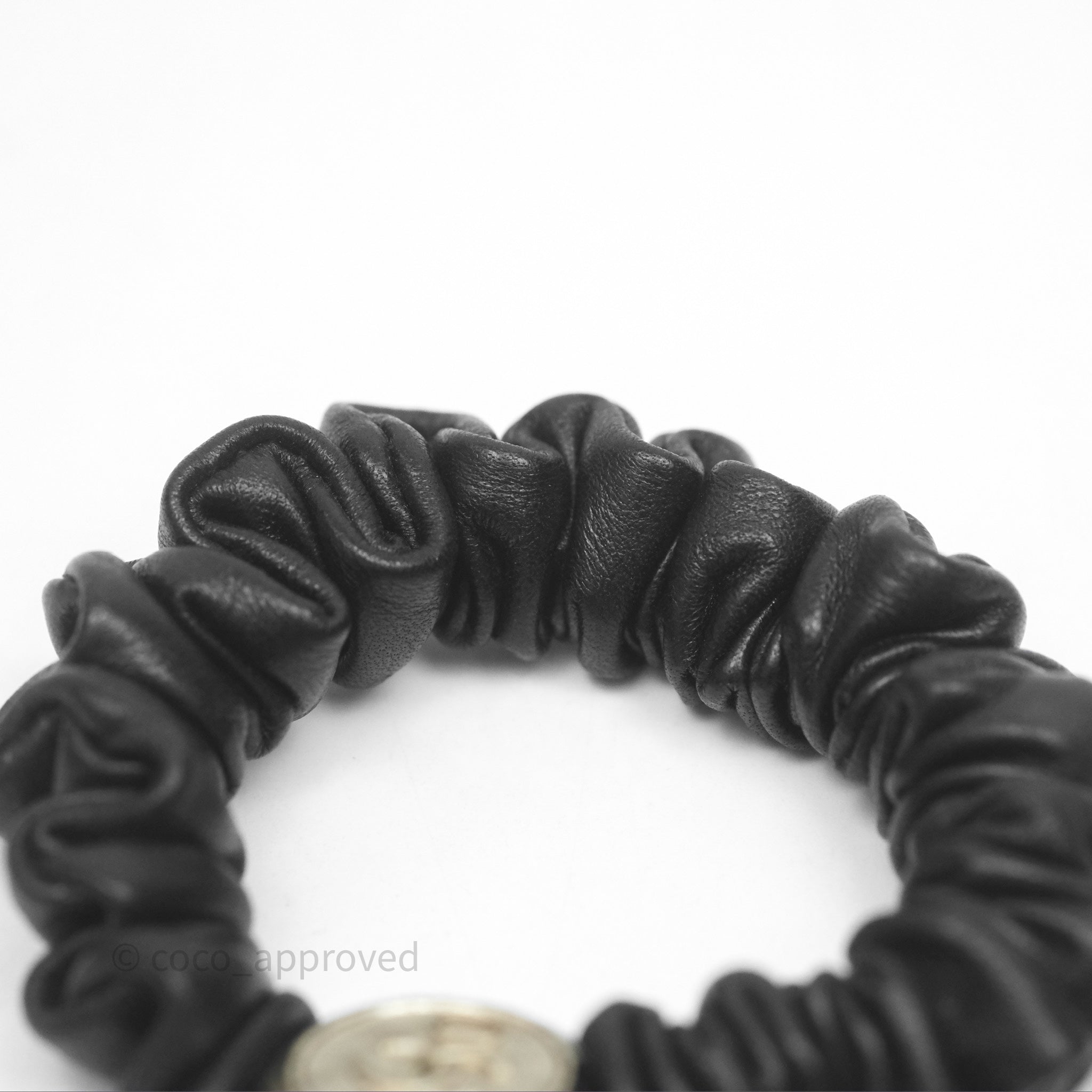 Chanel CC Logo Black Leather Scrunchie Hair Tie with Gold Tone Hardware - Elegant Hair Accessory for Women, Perfect for Parties, Weddings & Everyday Wear
