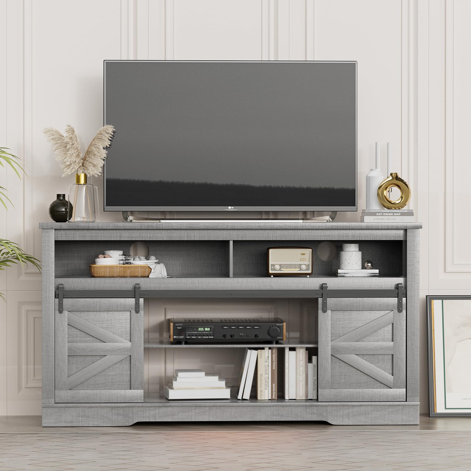 YESHOMY 65 Inch Fireplace TV Stand with Storage, Farmhouse Sliding Barn Doors & Shelves - Entertainment Center Media Console for Living Room, Bedroom & Office - Rustic Gray TV Cabinet with Heat Function