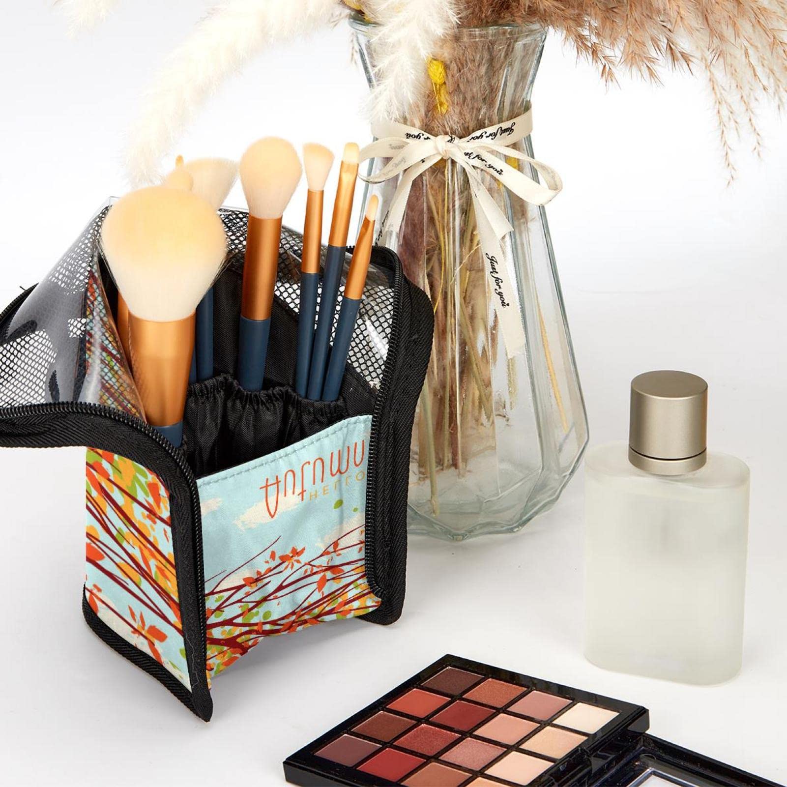 12-Piece Makeup Brush Organizer Bag with Autumn Leaves Design - Portable Travel Cosmetic Brush Holder Case for Professional & Home Use