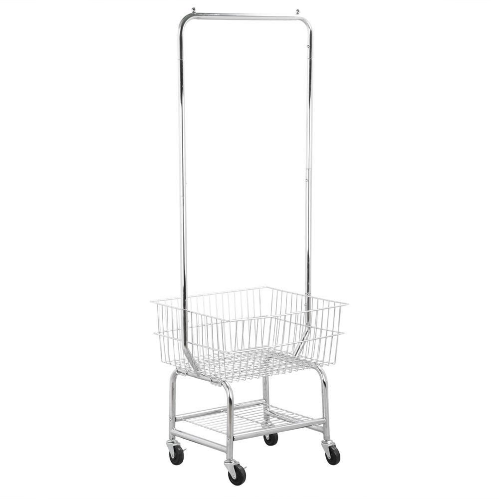 Foldable Rolling Laundry Cart with Storage Baskets & Double Pole Rack - Space Saving Clothes Hamper Organizer for Bedroom, Laundry Room & Dorm (Silver)